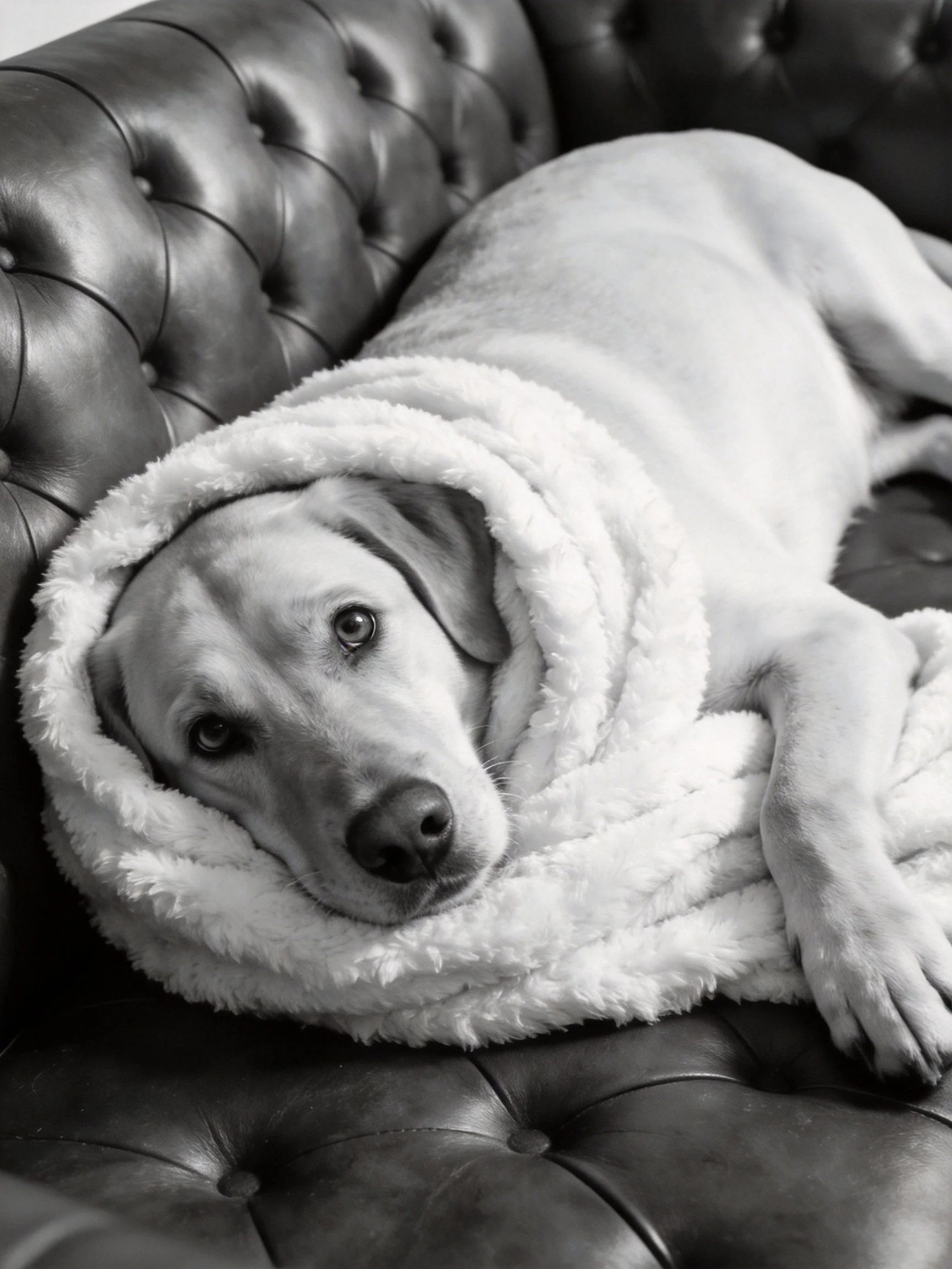 A dog wrapped in a fluffy white blanket on a tufted leather sofa