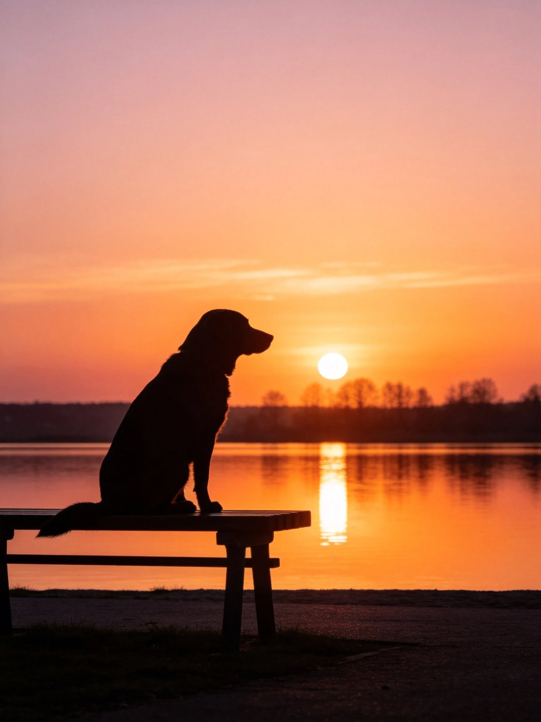 A dog’s silhouette sits on a bench by a glowing lake at sunset
