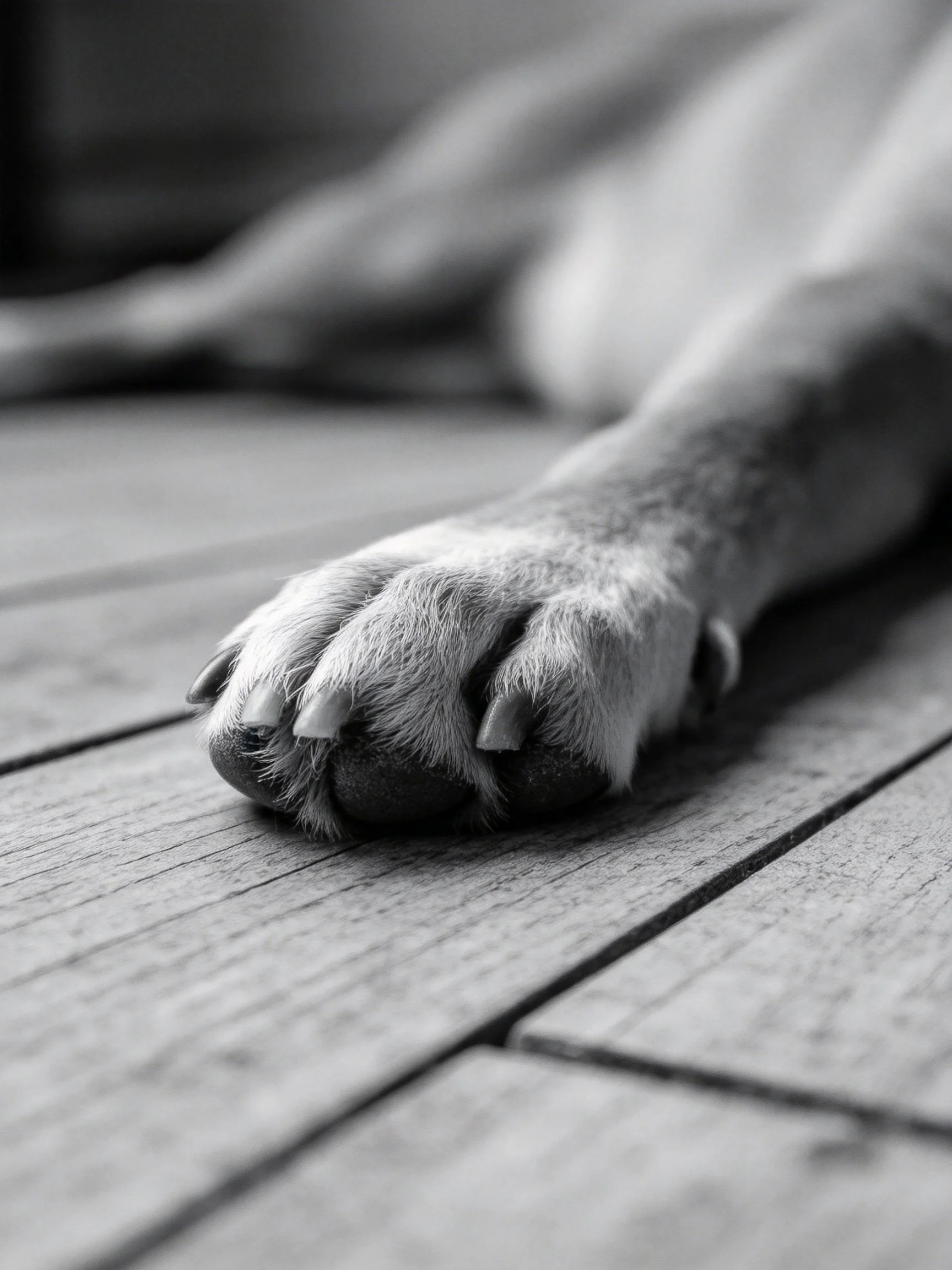 A dogs paw on weathered wooden flooring in black and white