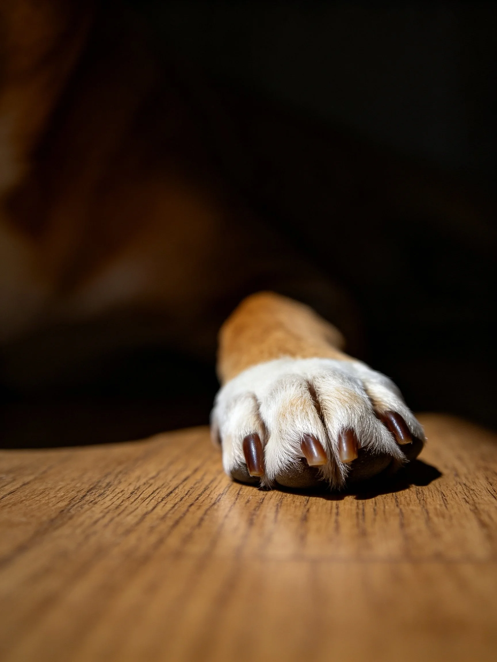 A dogs white and brown paw resting on a polished wooden surface