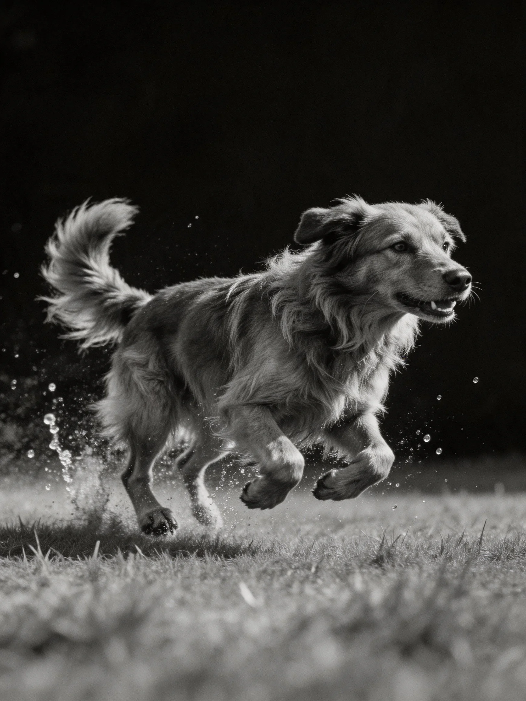 A dynamic black-and-white photo of a long-haired dog sprinting through water