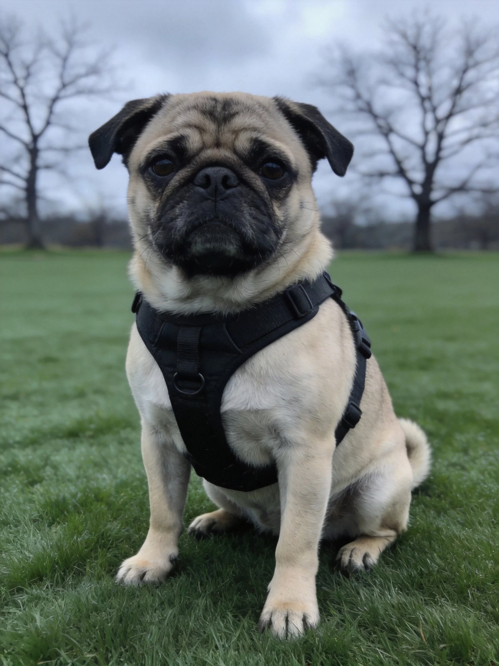 A fawn - colored pug in a black harness sits on green grass near leafless trees.