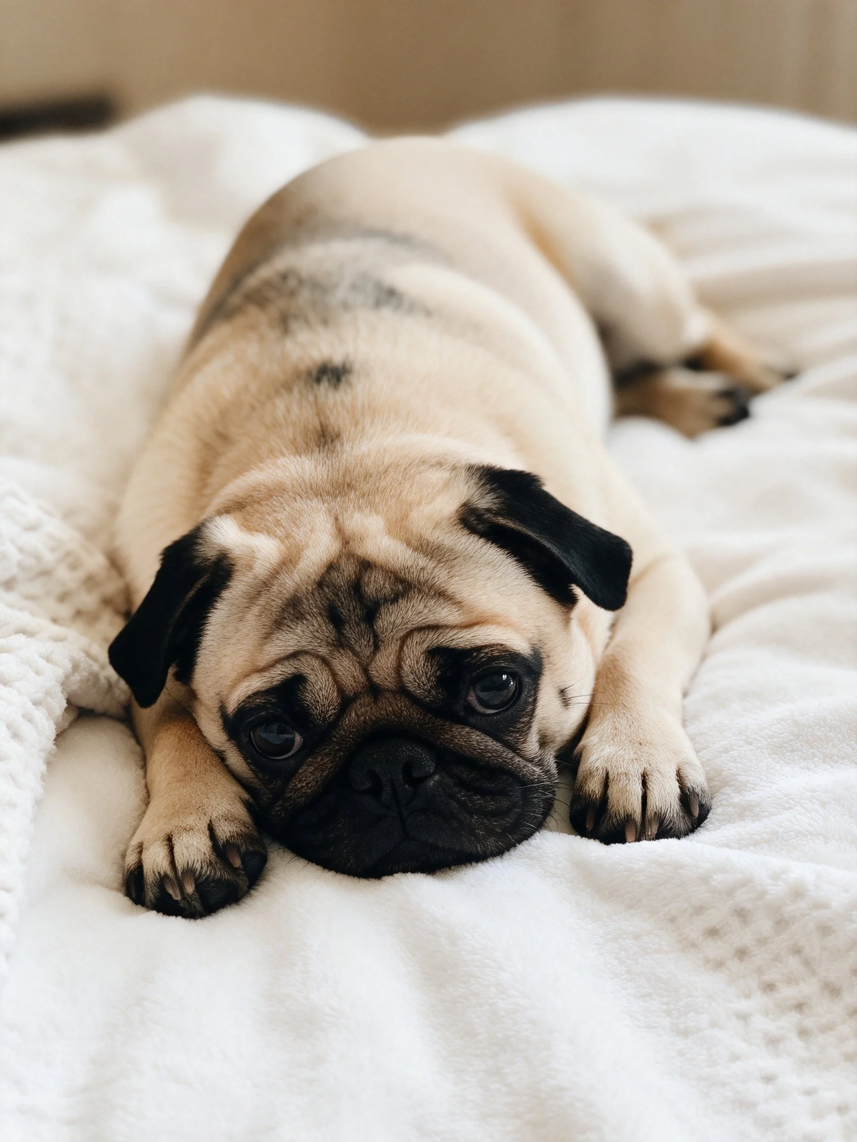A fawn - colored pug puppy lounging on a cozy white blanket