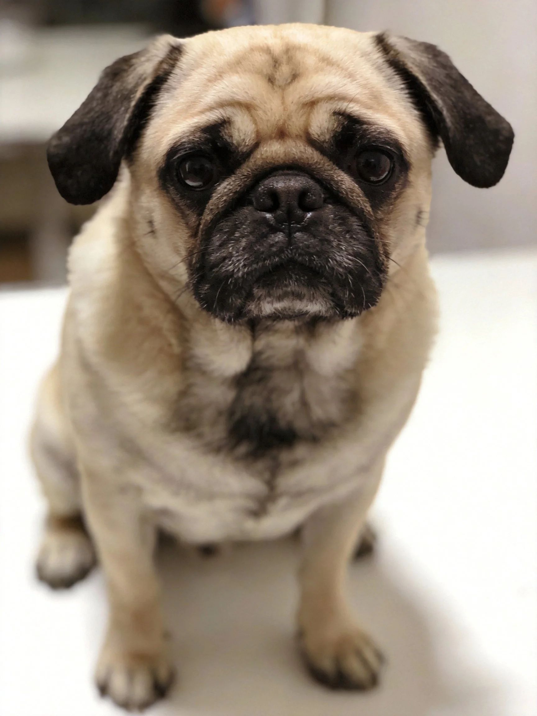 A pug with dark facial markings sits calmly indoors
