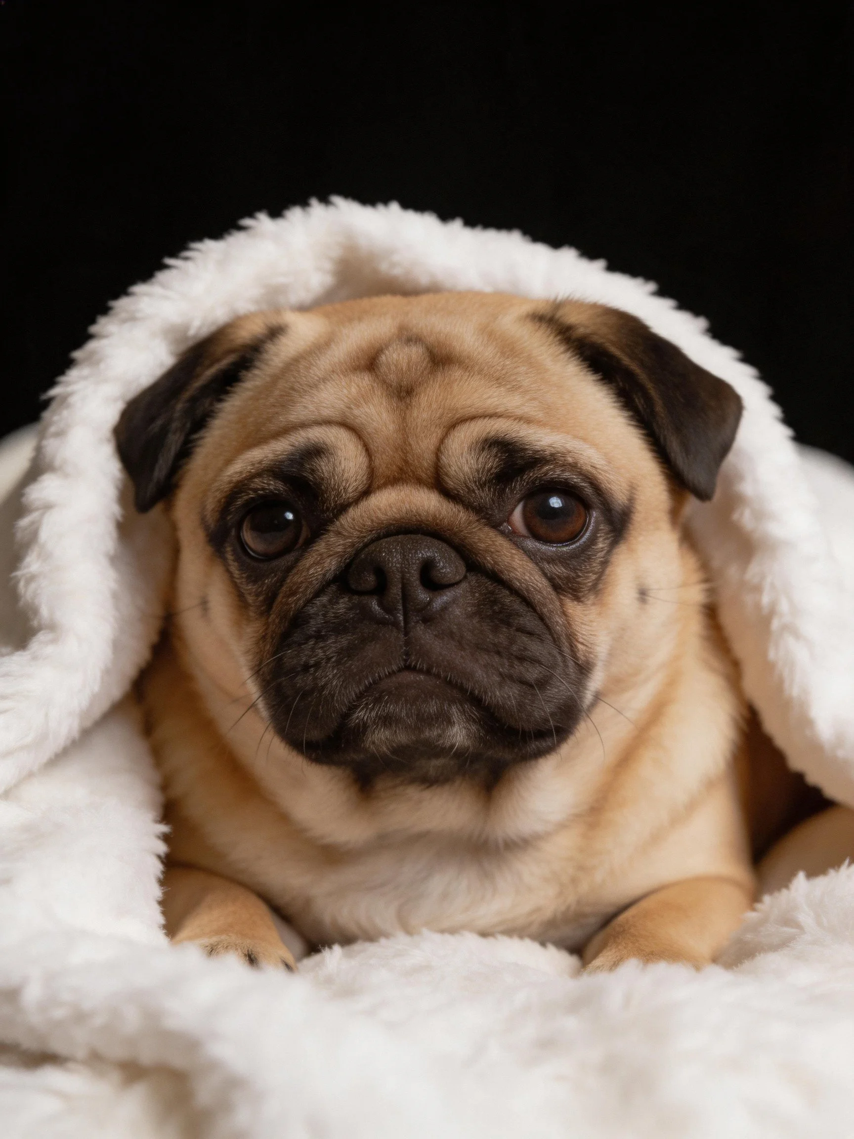 A fawn pug wrapped in a white blanket sits against a black backdrop.
