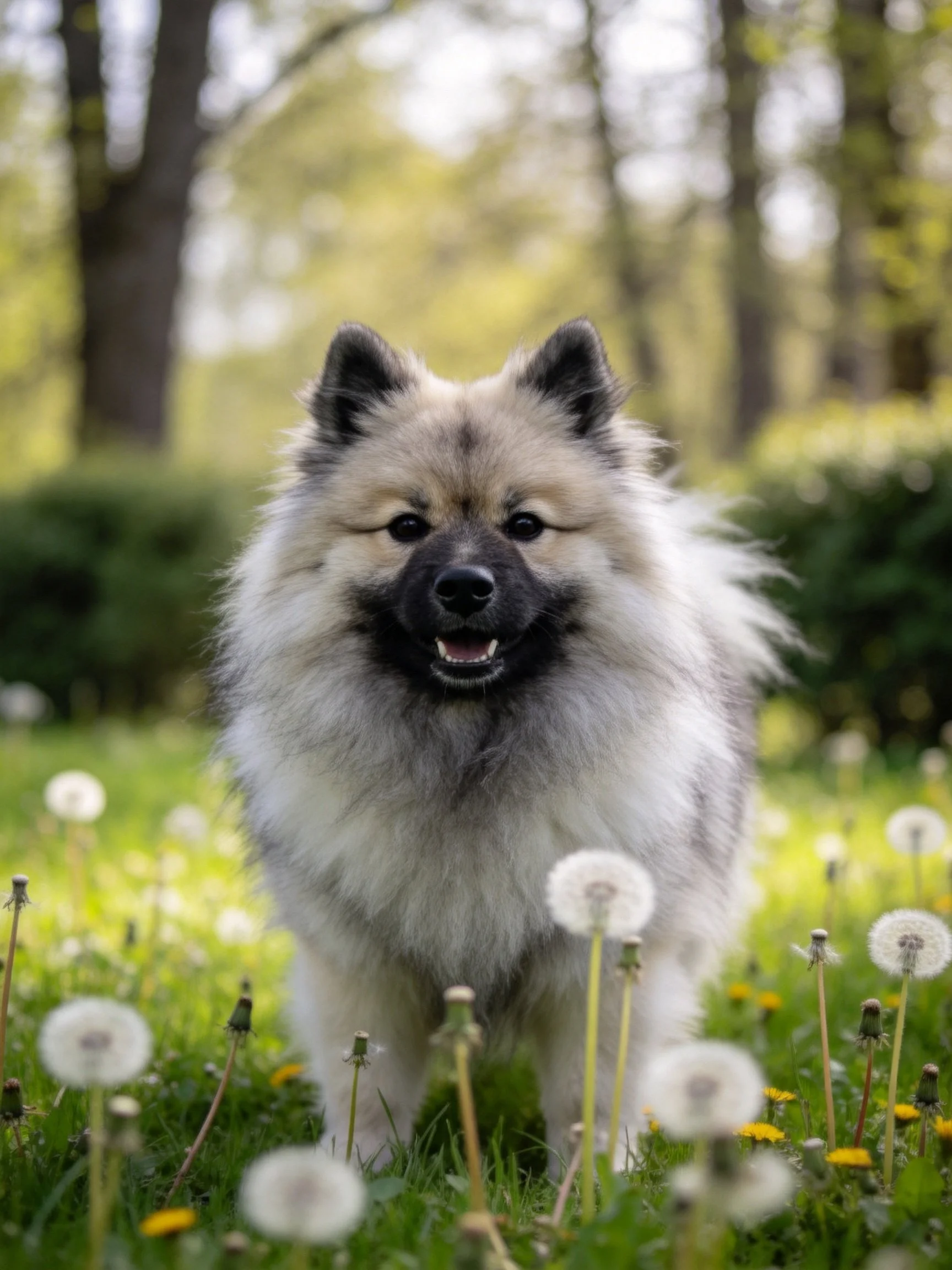 A Keeshond stands in a sunlit meadow with dandelions and trees
