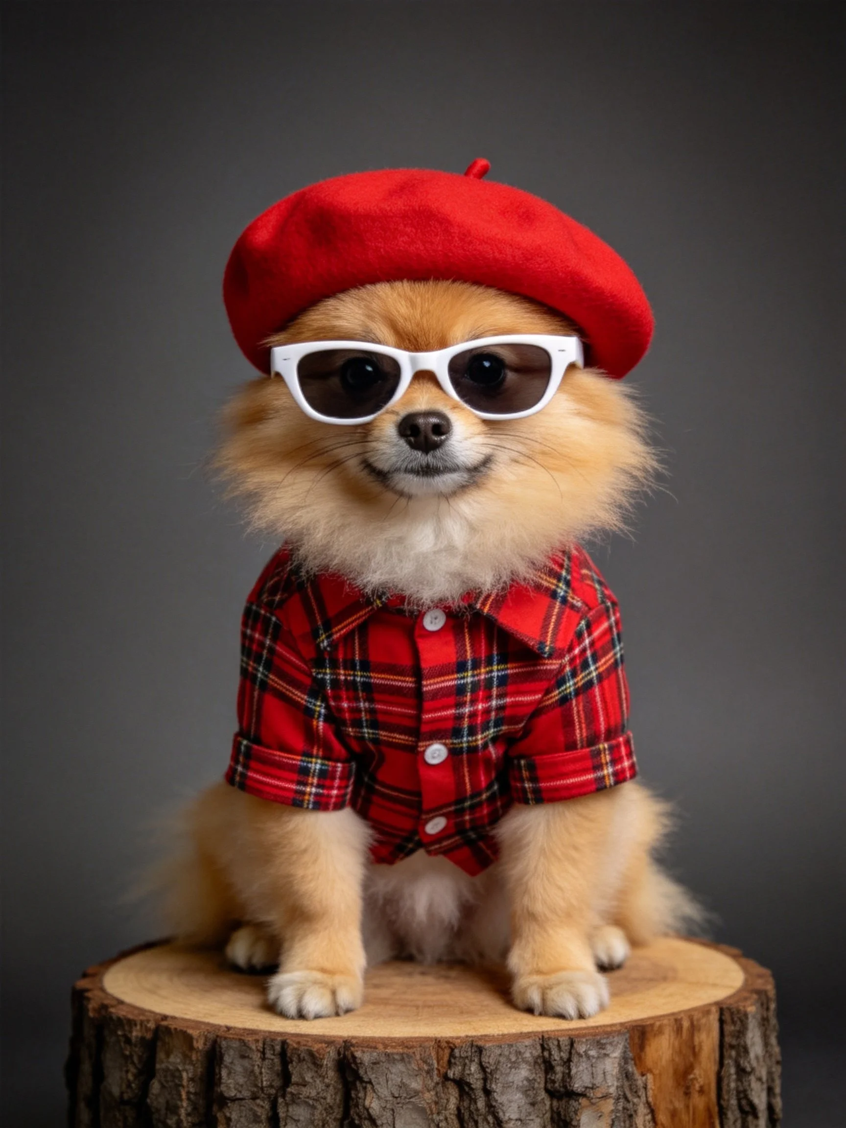 A fluffy Pomeranian dog in red clothing sits on a wooden stump