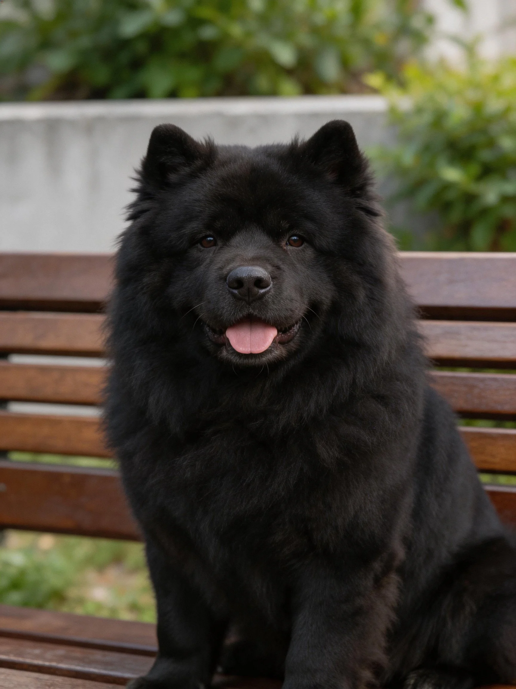 A fluffy black Chow dog sitting on a wooden bench