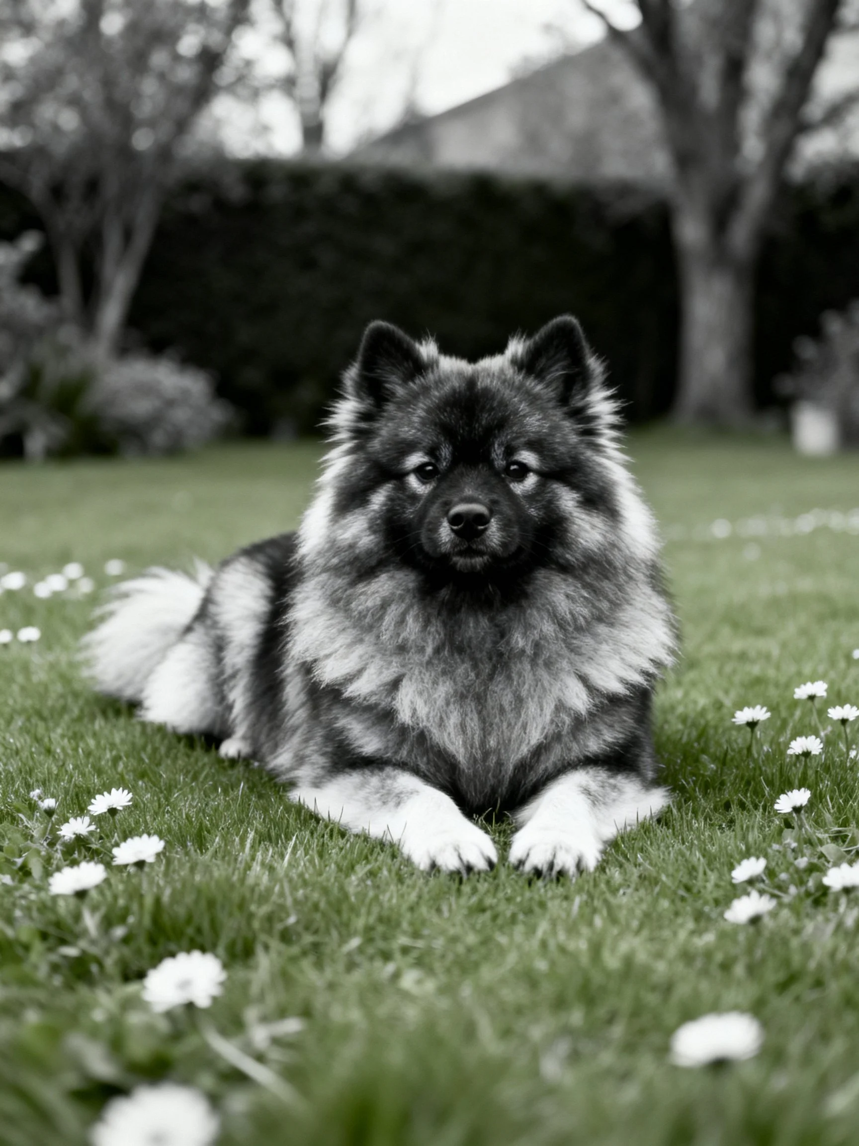 A fluffy dog lies on grass surrounded by small white flowers.