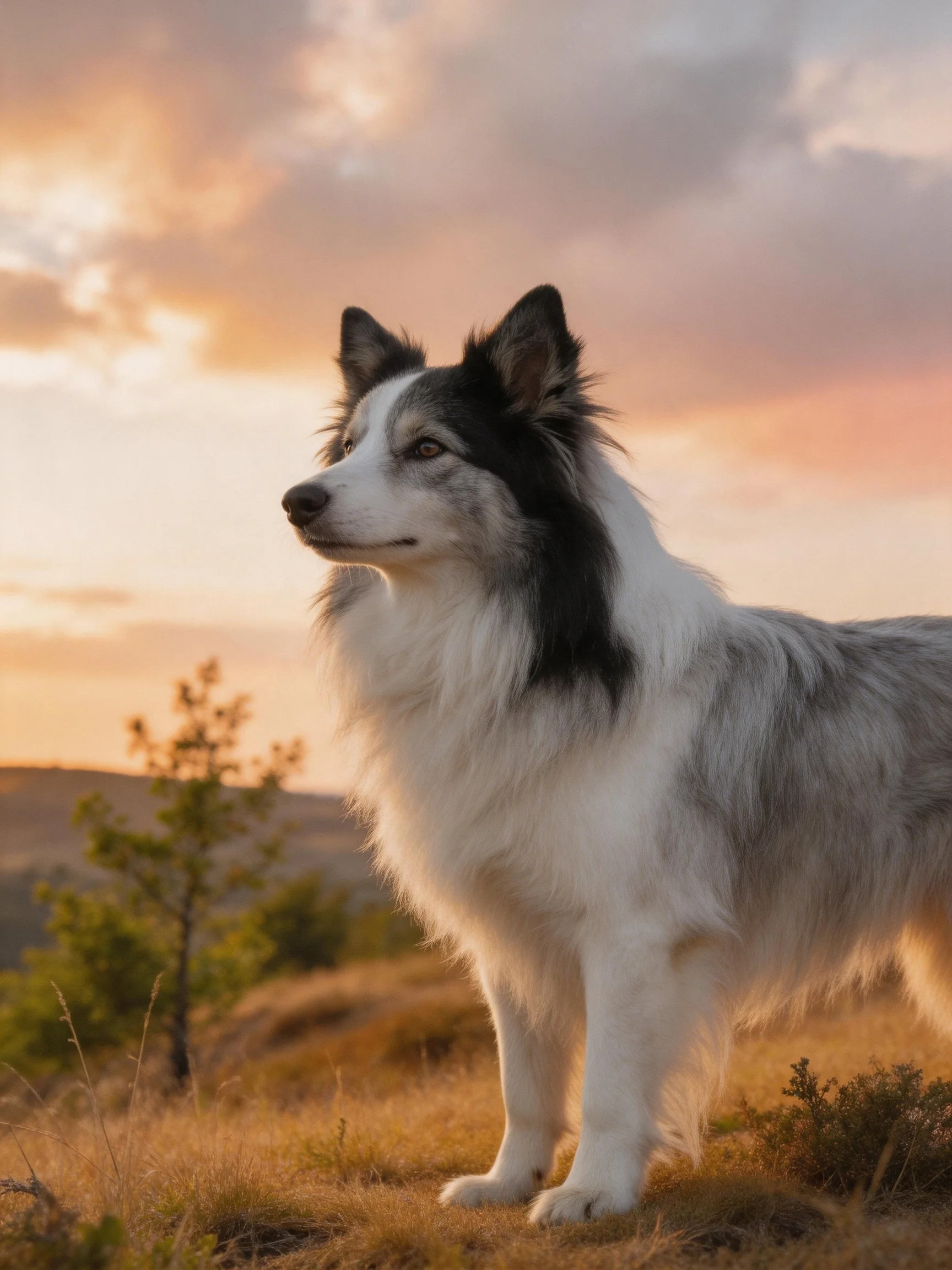 A fluffy dog stands on golden grass with a colorful sky in the background