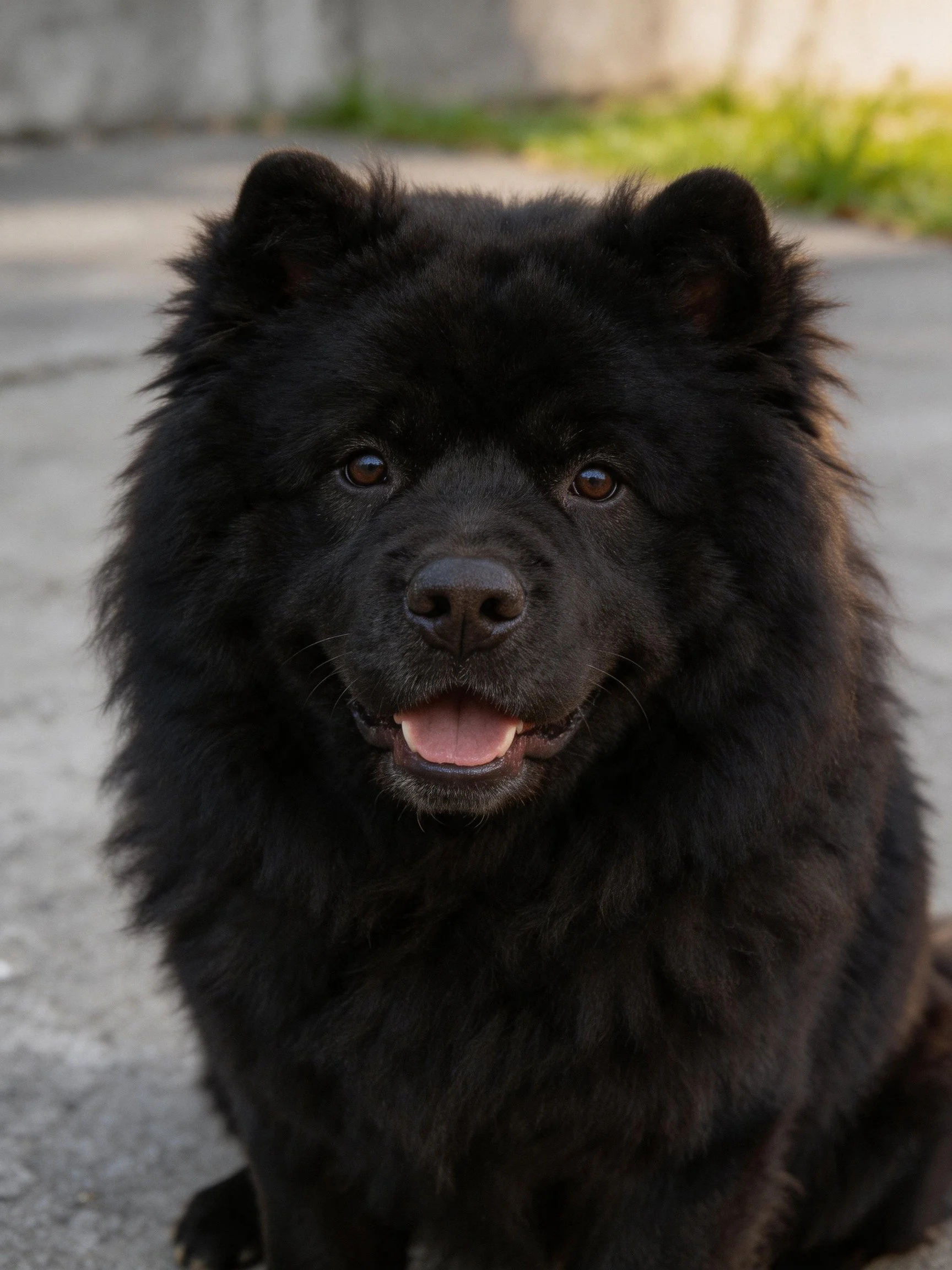 A fluffy black dog with upright ears on pavement
