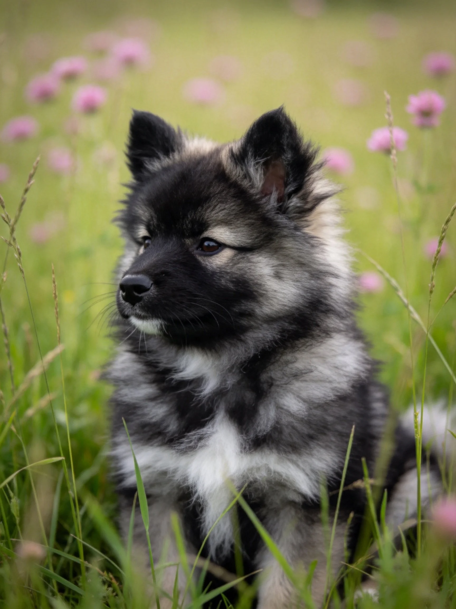 A fluffy puppy rests in a meadow with tall grass and pink flowers.
