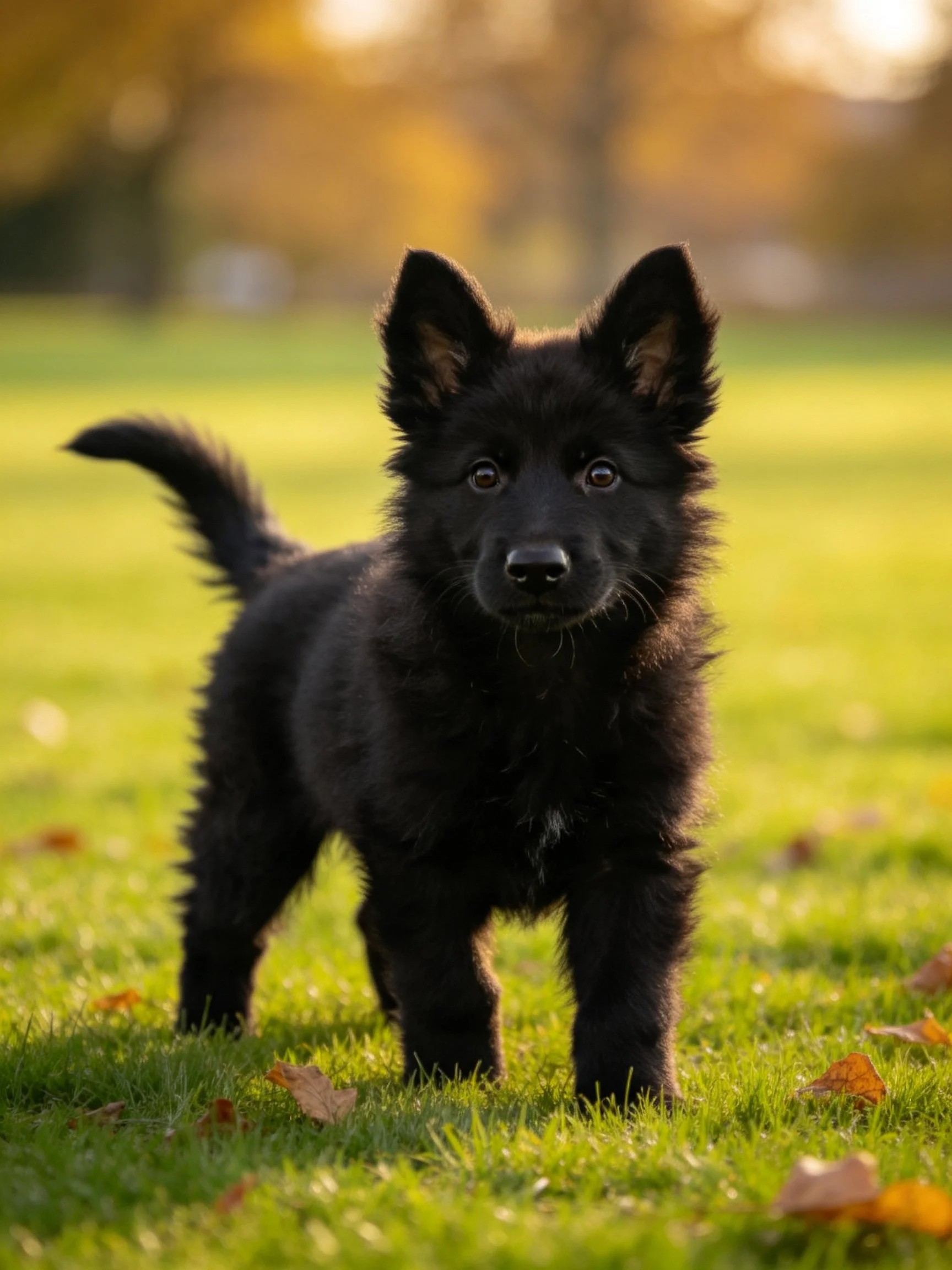A fluffy black puppy stands on green grass in a sunlit autumn park.