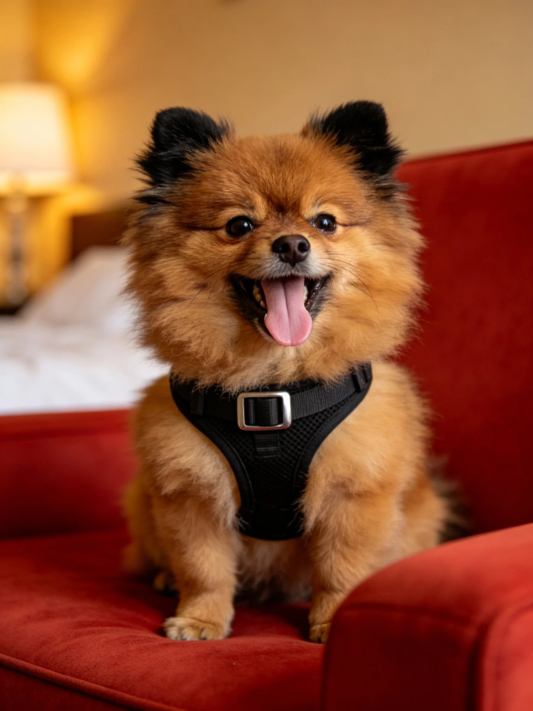A cheerful Pomeranian in a harness relaxes on a red chair