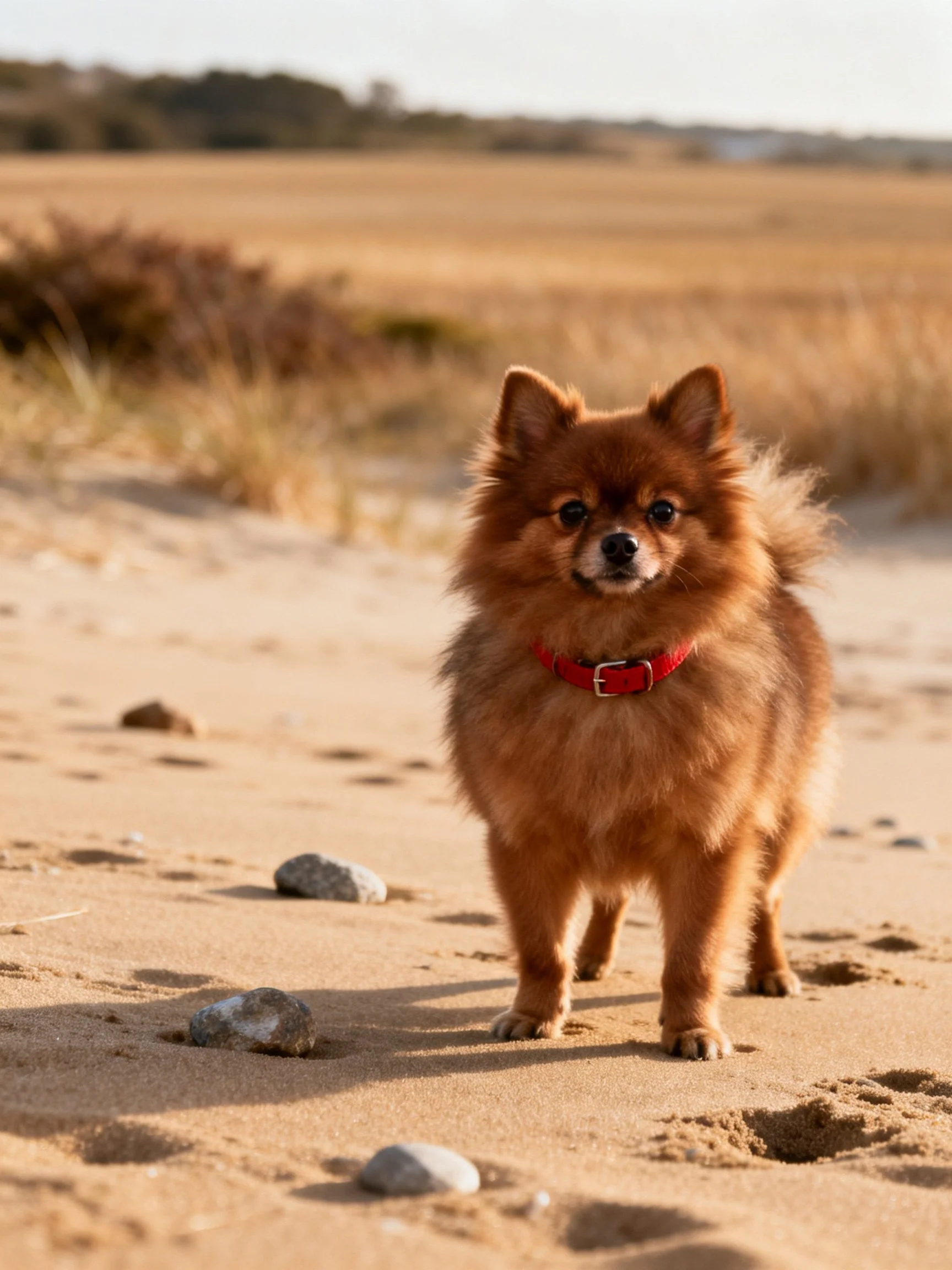 A fluffy brown Pomeranian stands on a sandy beach near scattered rocks
