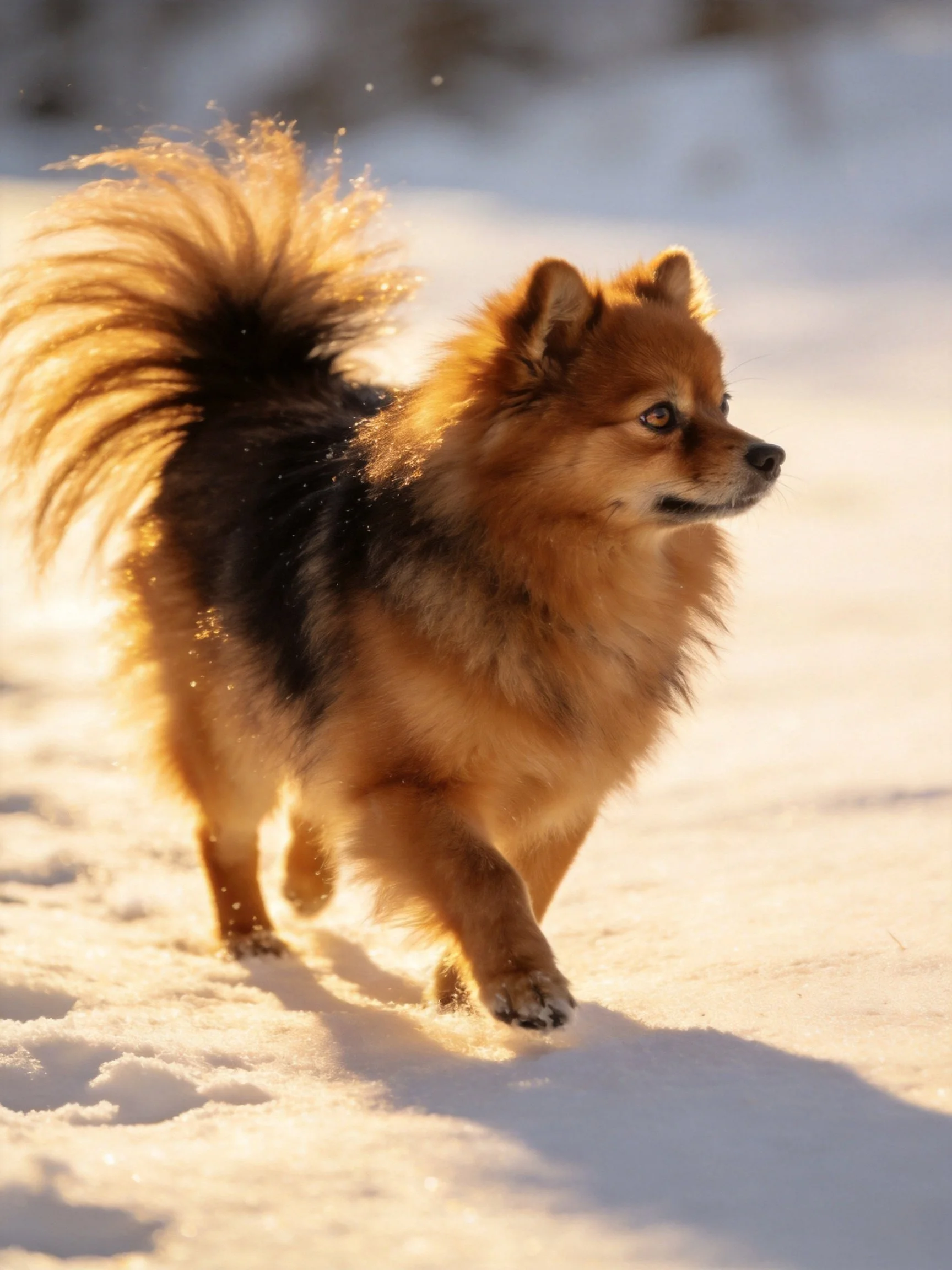 A fluffy brown and black dog moves through bright snowy surroundings.