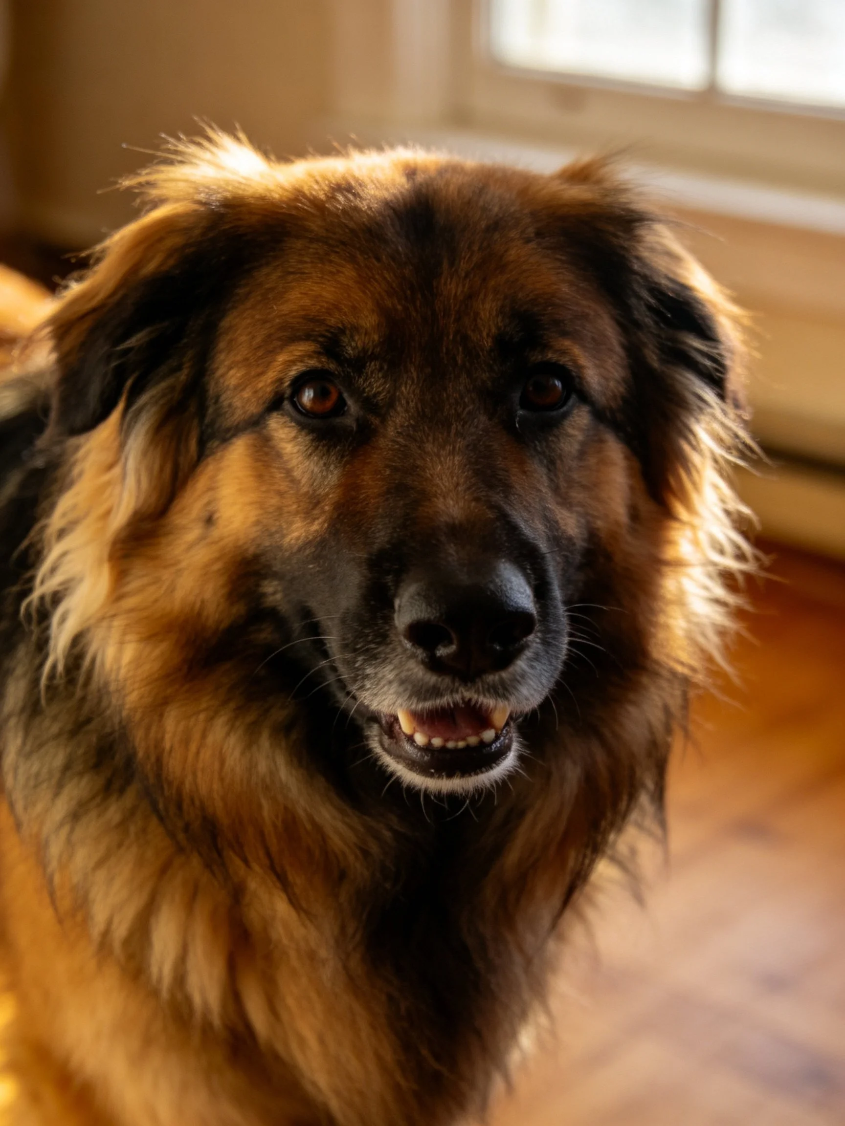 A close - up of a fluffy brown and black dog with expressive eyes indoors.