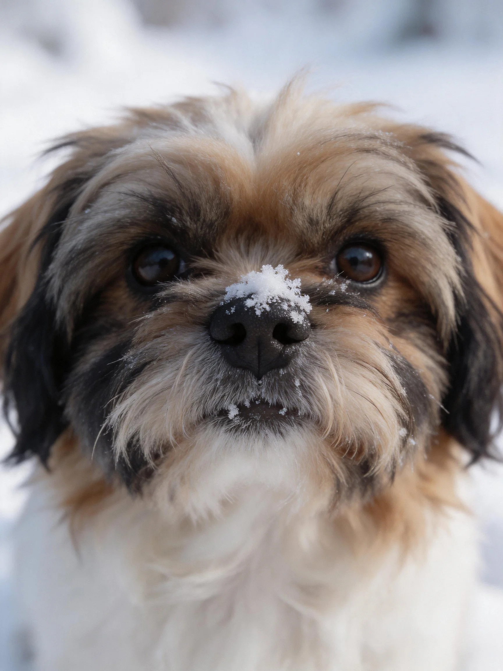 A small dog with snow on its nose is photographed in a snowy environment