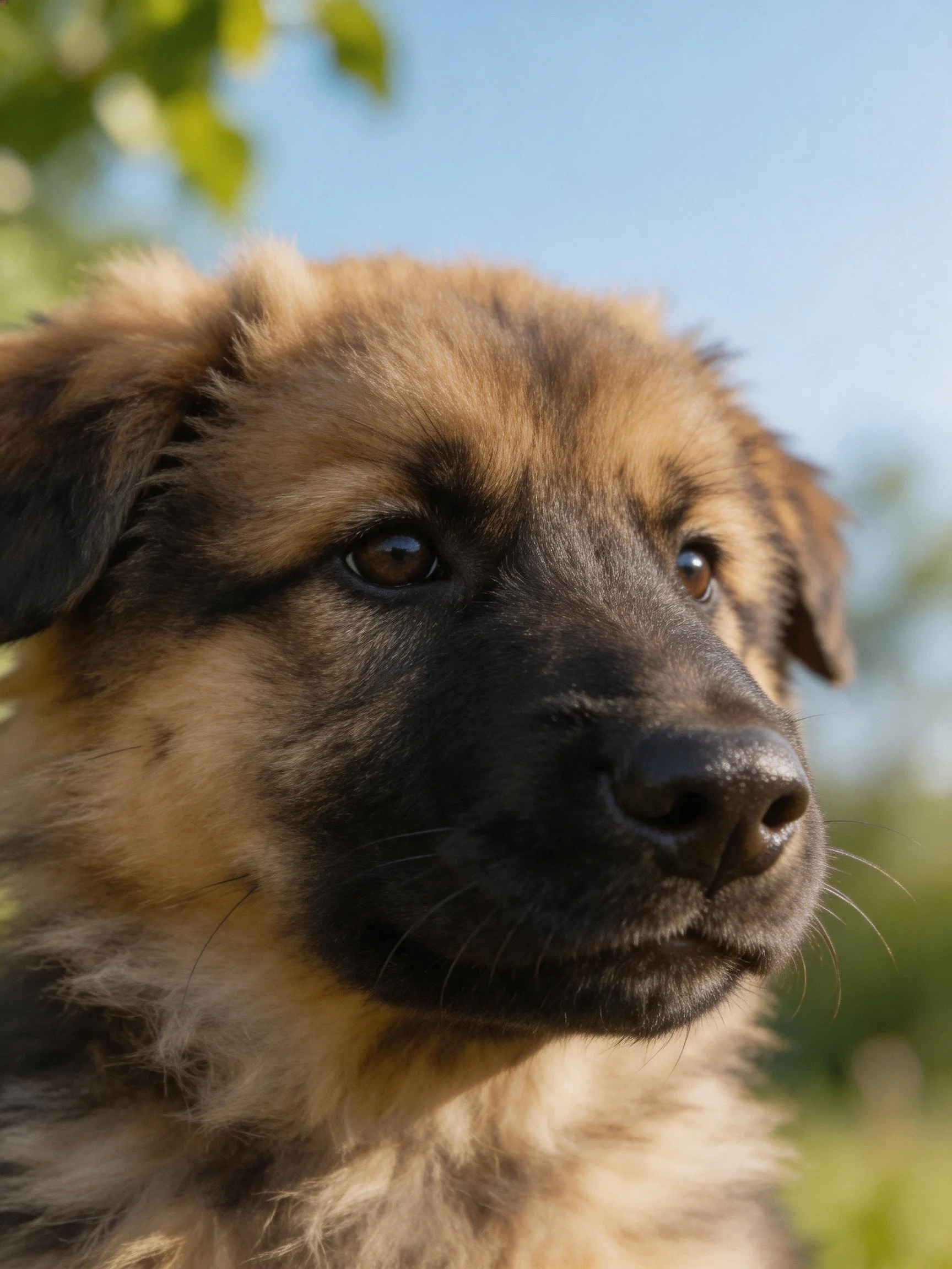A close - up of a young brown and black puppy in a bright outdoor setting.