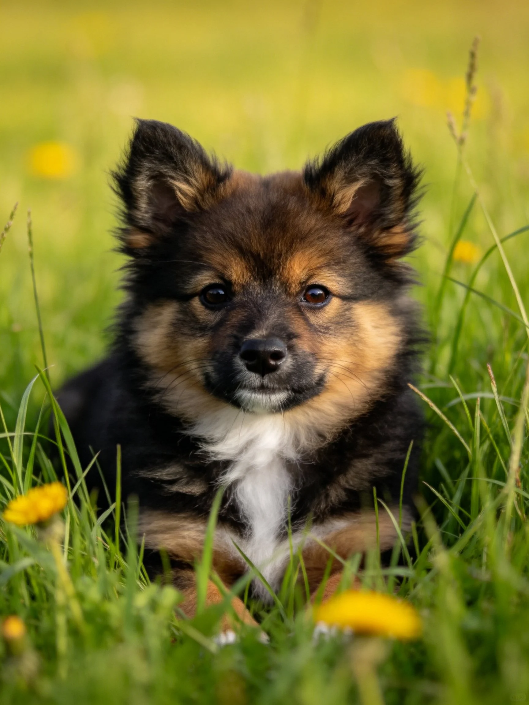 A small dog with brown and black fur relaxes in tall green grass near yellow flowers
