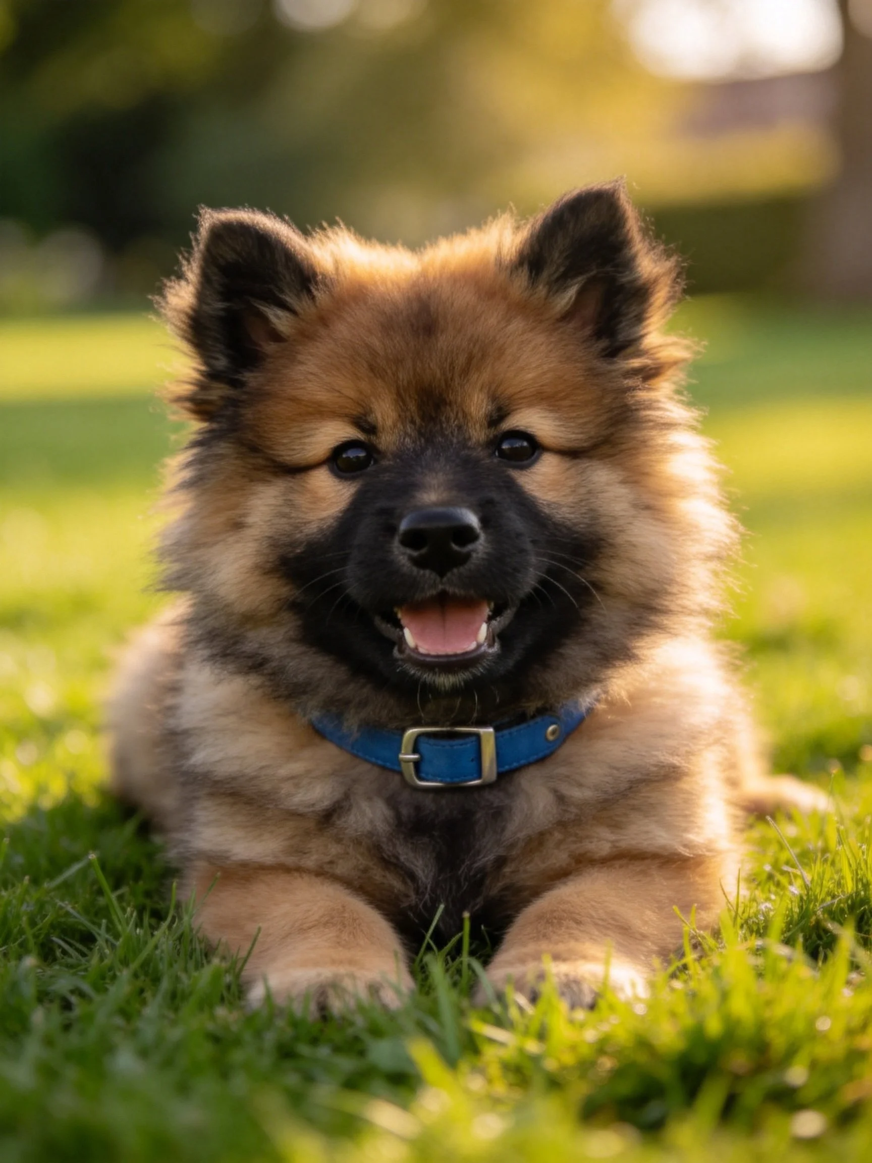 A small, fluffy puppy with a blue collar rests happily on green grass.