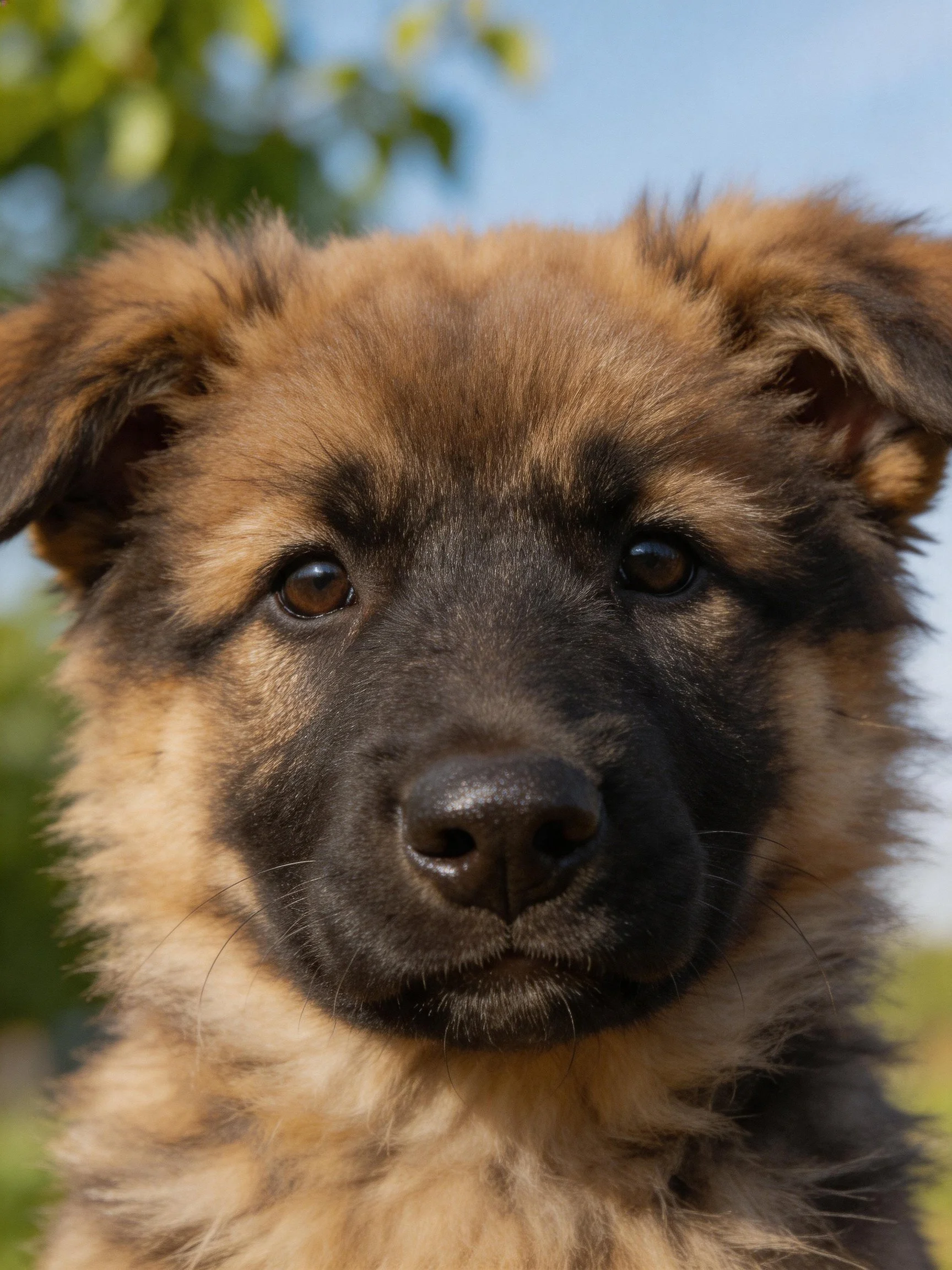 A young dog with brown and black fur looks directly at the camera outdoors