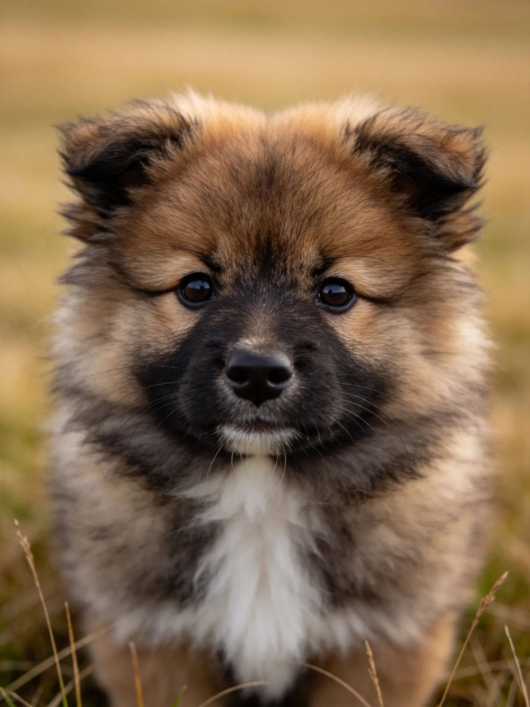 A fluffy brown and black puppy stands in a grassy outdoor area.