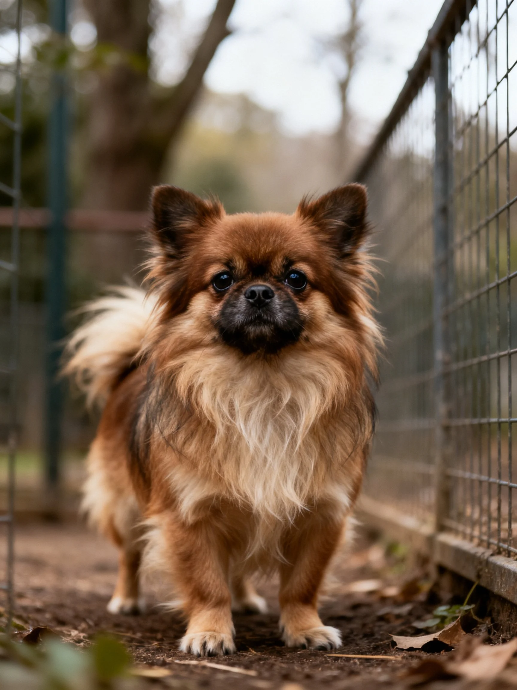 A small, fluffy brown dog stands by a wire fence outdoors.