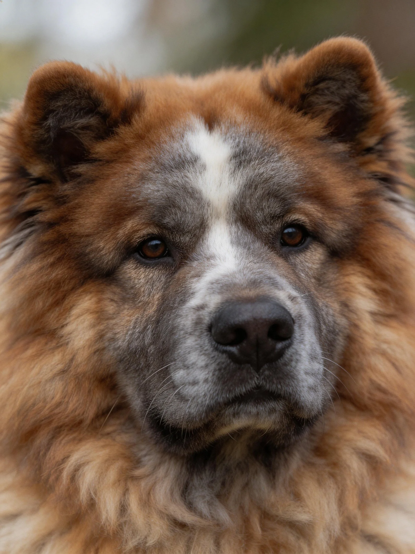 A close - up of a dog with brown, gray, and white fur features.