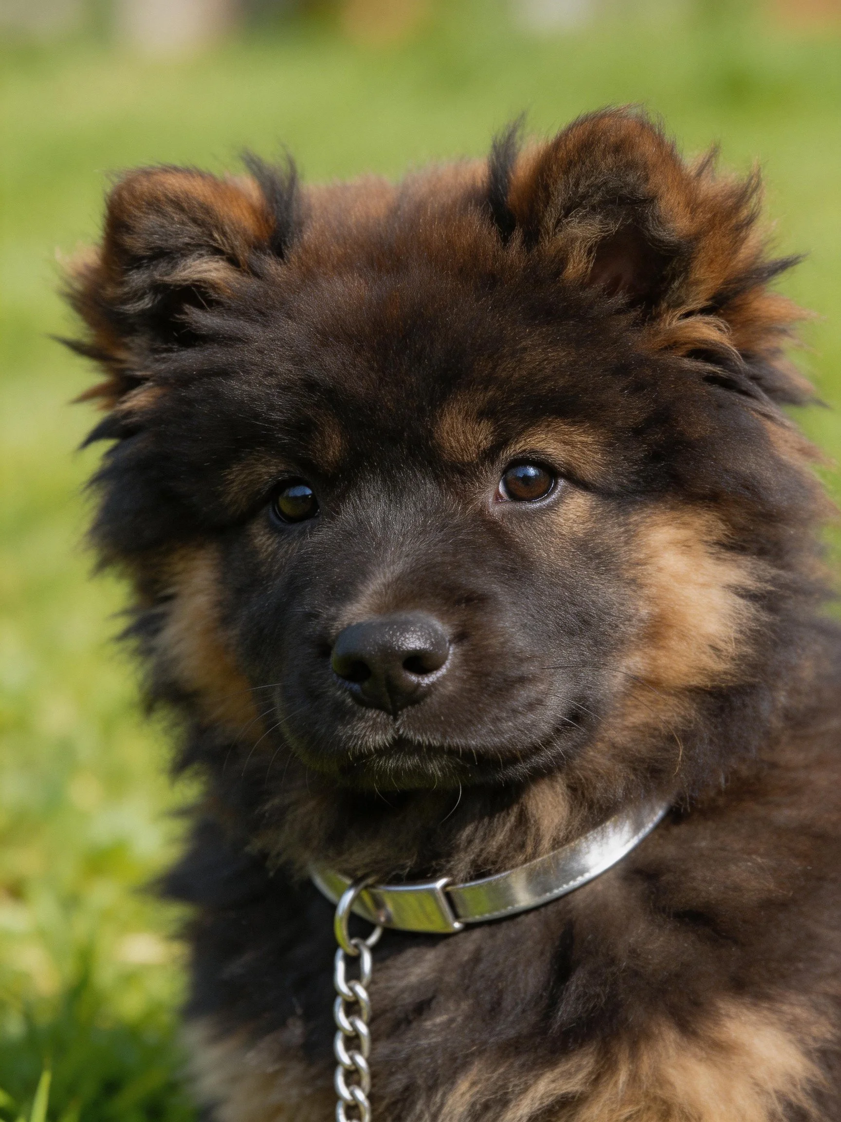 A fluffy brown and tan puppy with a silver collar sits outdoors.