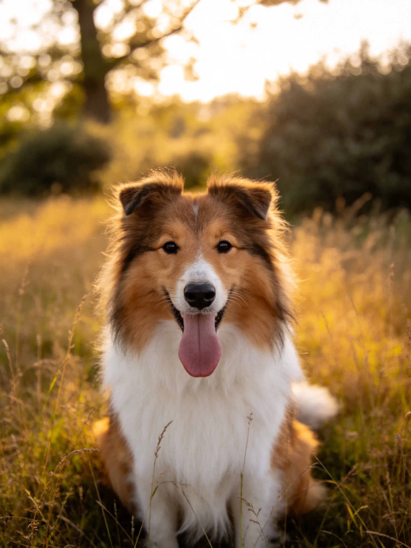 A cheerful collie relaxes in sunlit tall grass within a peaceful natural setting.