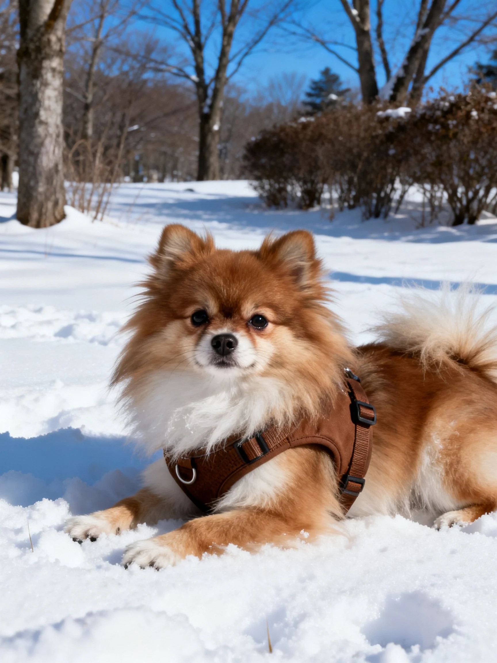 A small dog lies calmly in the snow within a wintry wooded area.