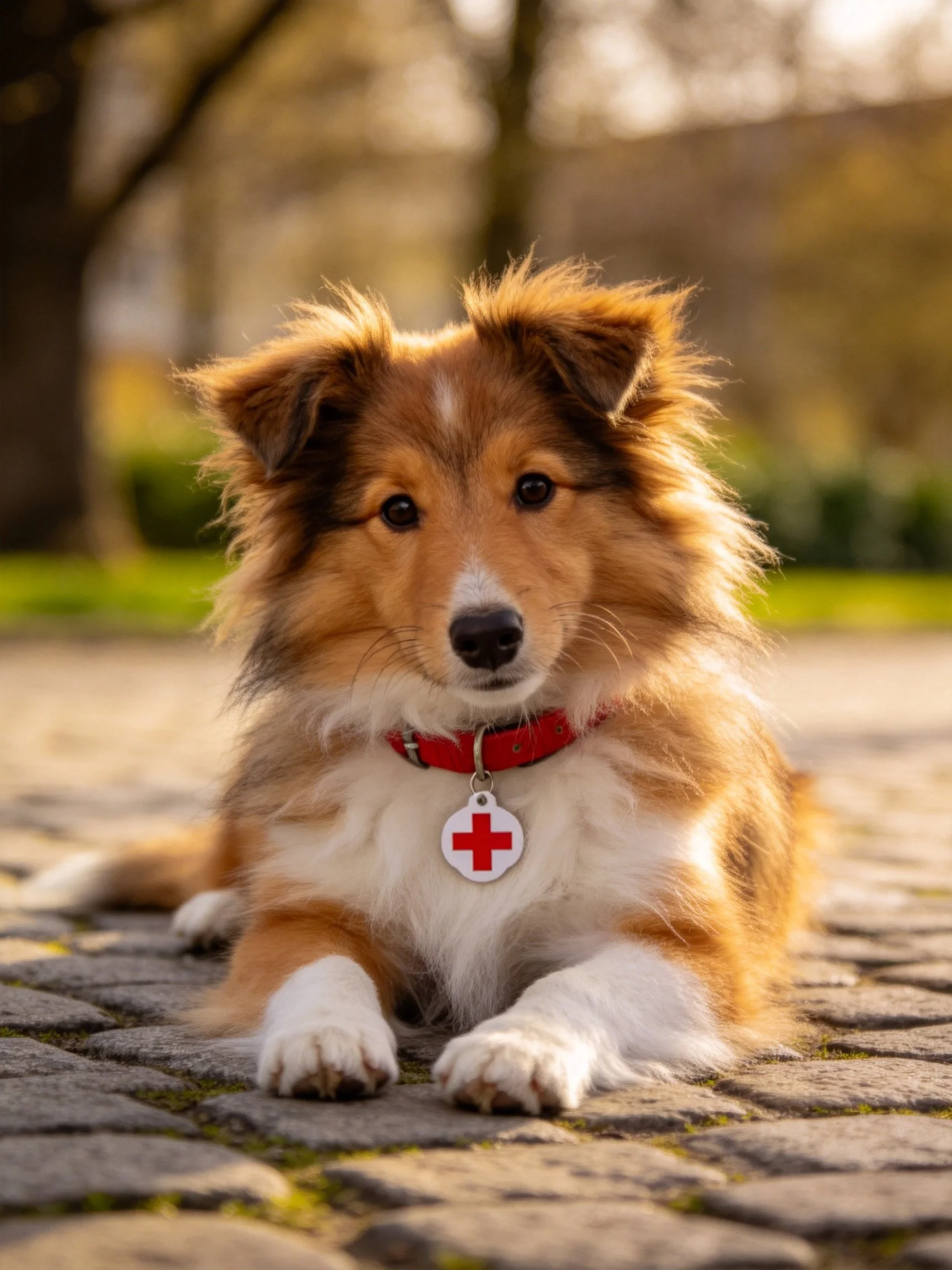 A fluffy brown and white dog rests on cobblestones in a sunny outdoor setting.