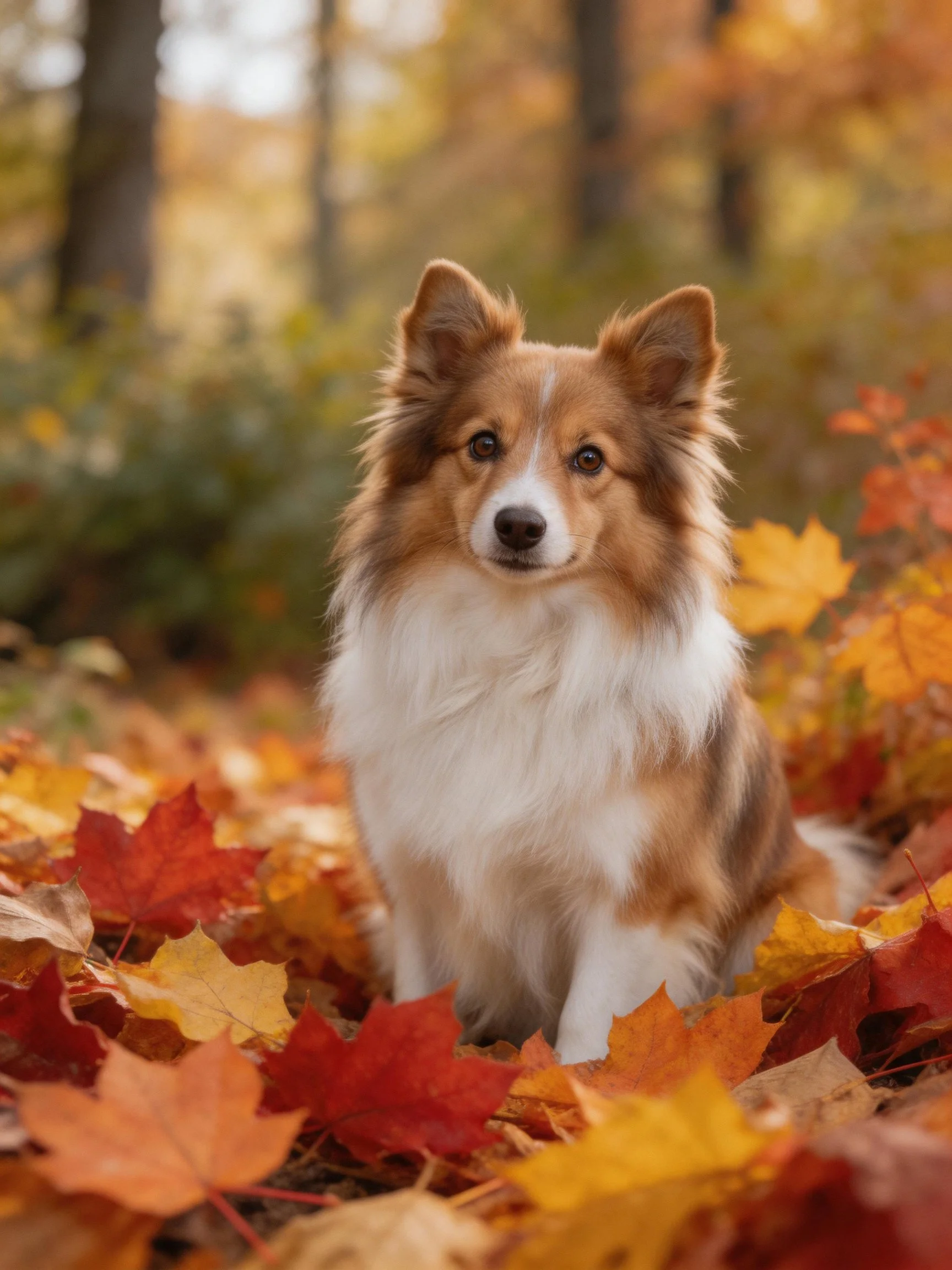A dog rests among colorful autumn leaves in a forest environment.