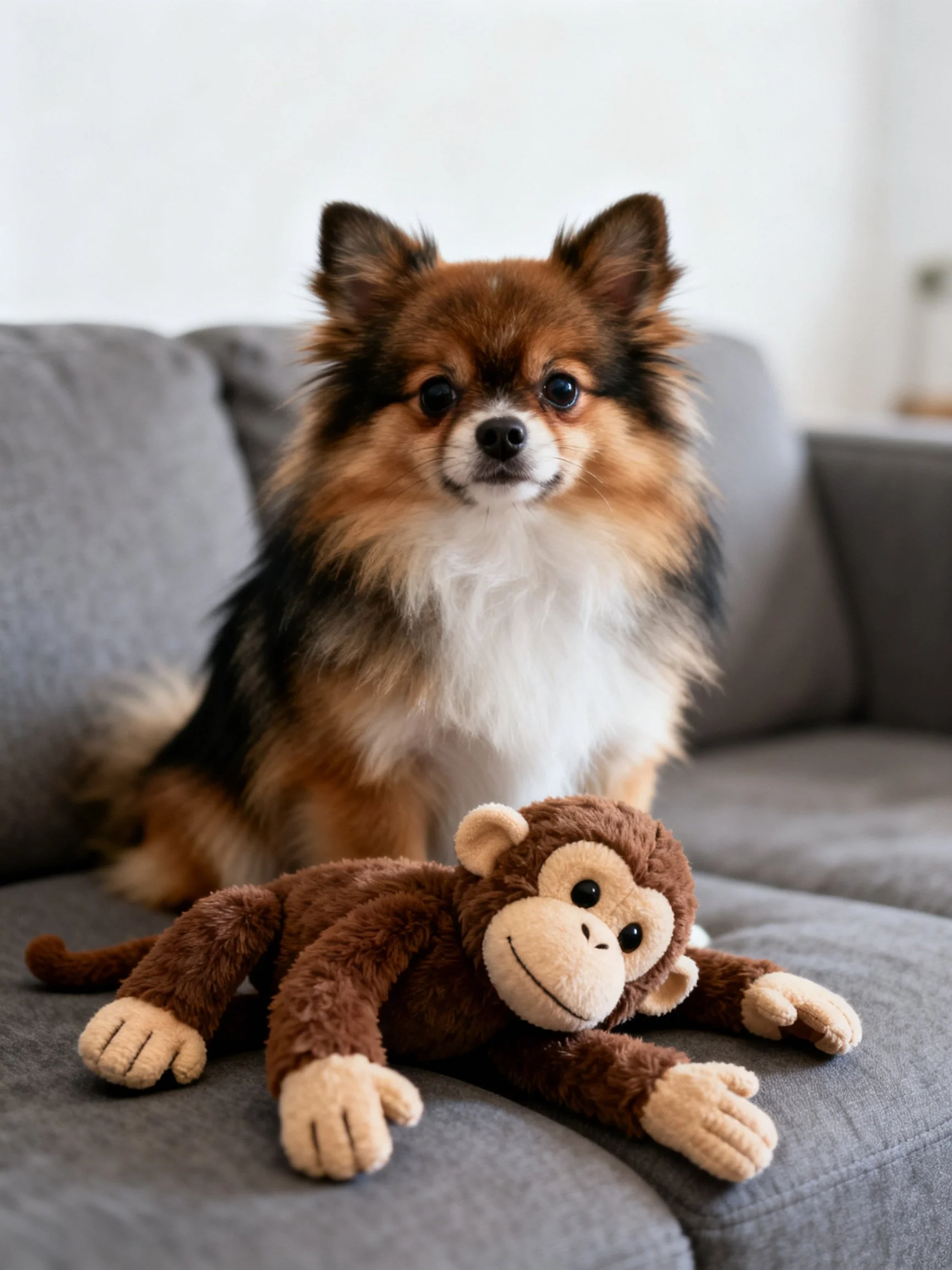 A fluffy dog sits next to a stuffed monkey on a gray couch