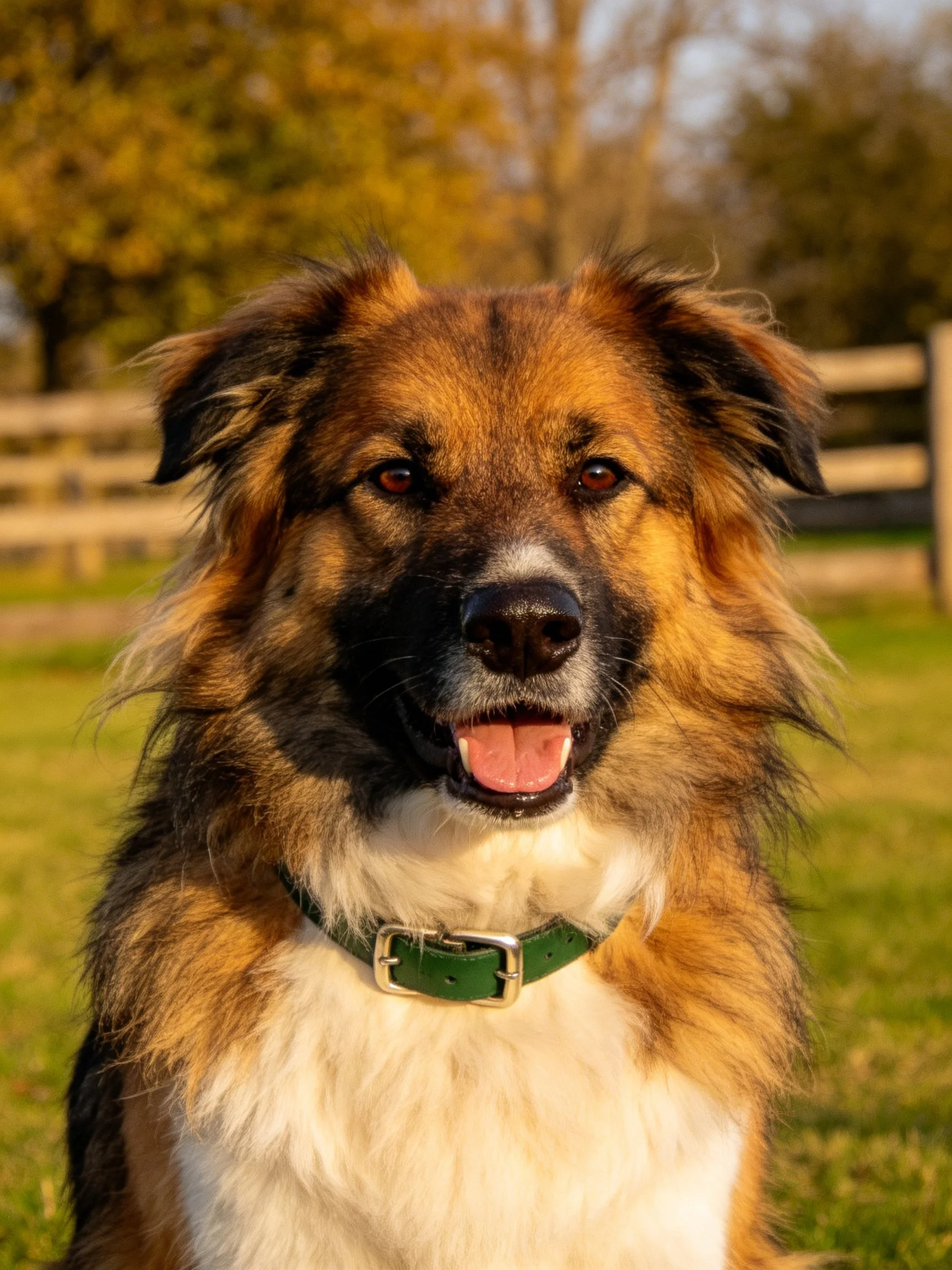 A cheerful mixed-breed dog with a green collar sits in a sunny outdoor area.