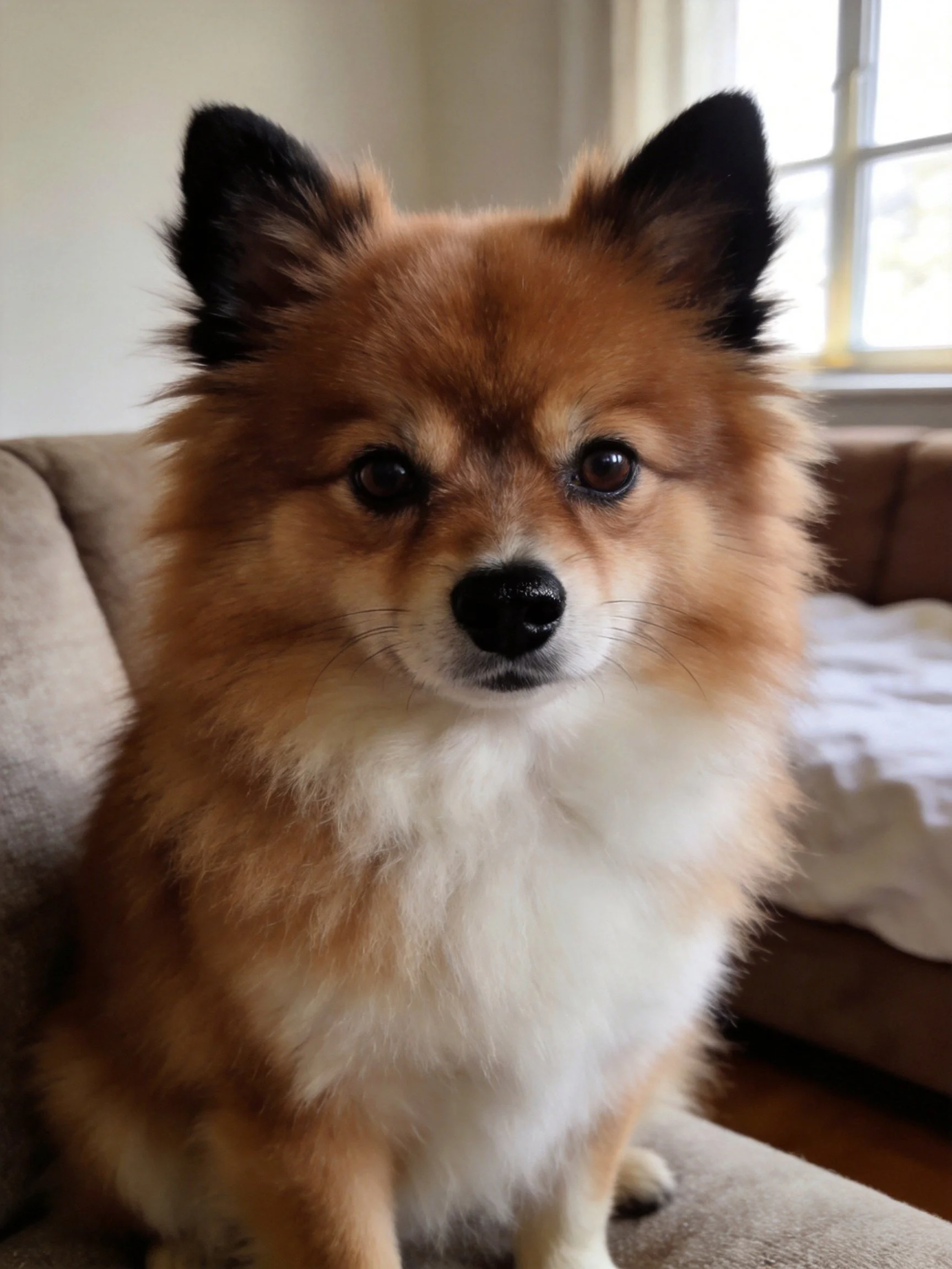 A small dog with brown and white fur sits indoors near furniture