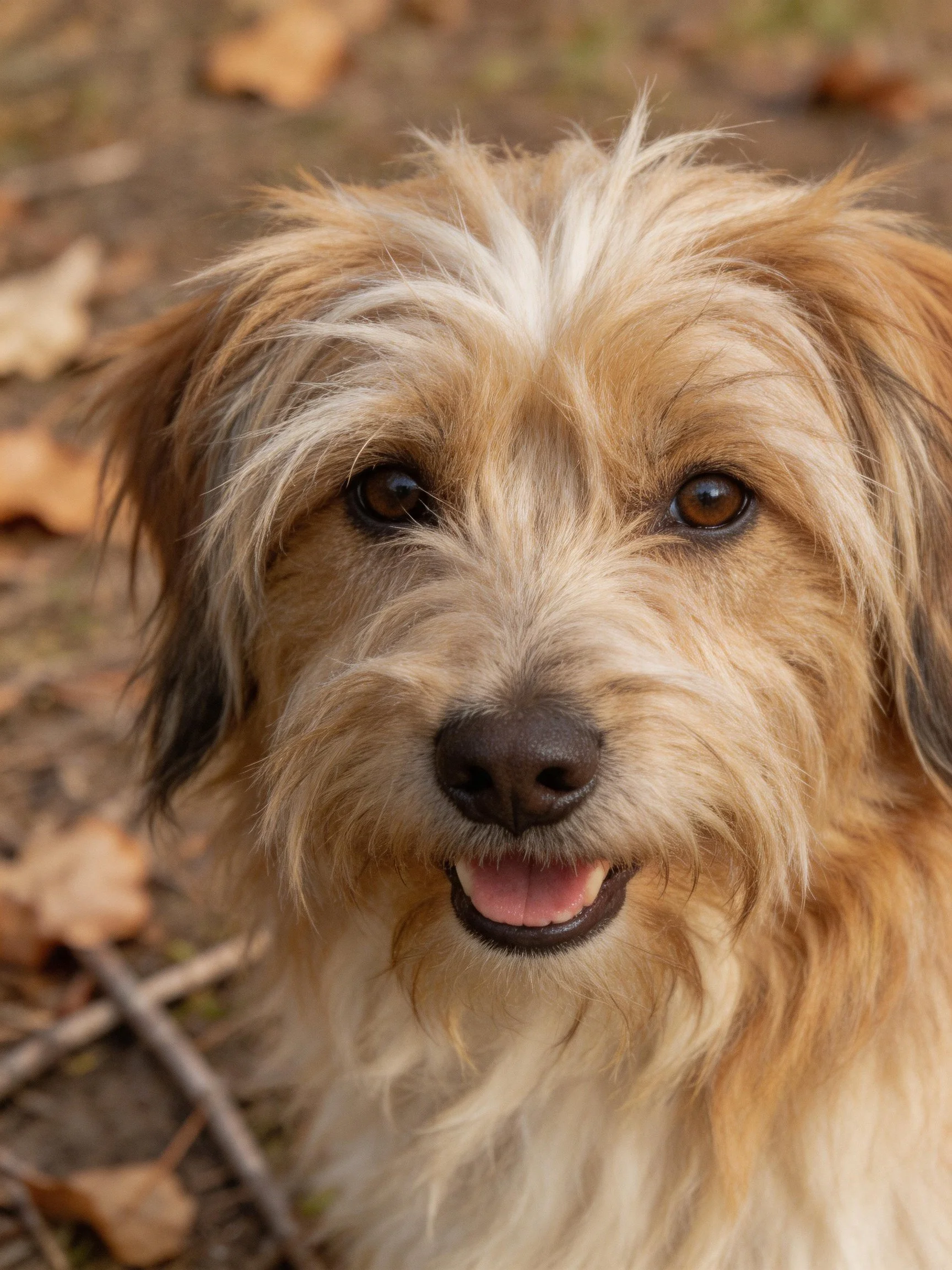 A fluffy brown and white dog with expressive eyes sits outdoors near fallen leaves.