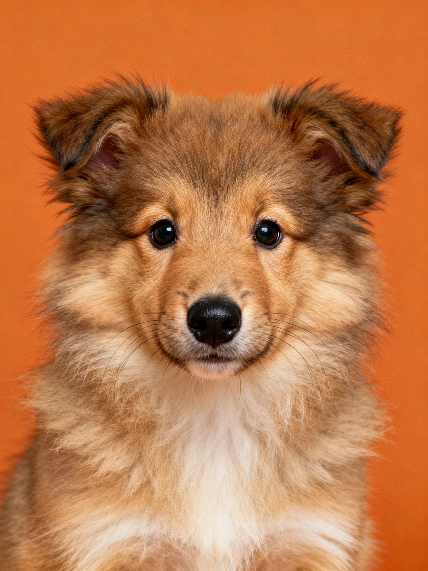 A fluffy brown and white puppy gazes directly at the viewer over an orange background.