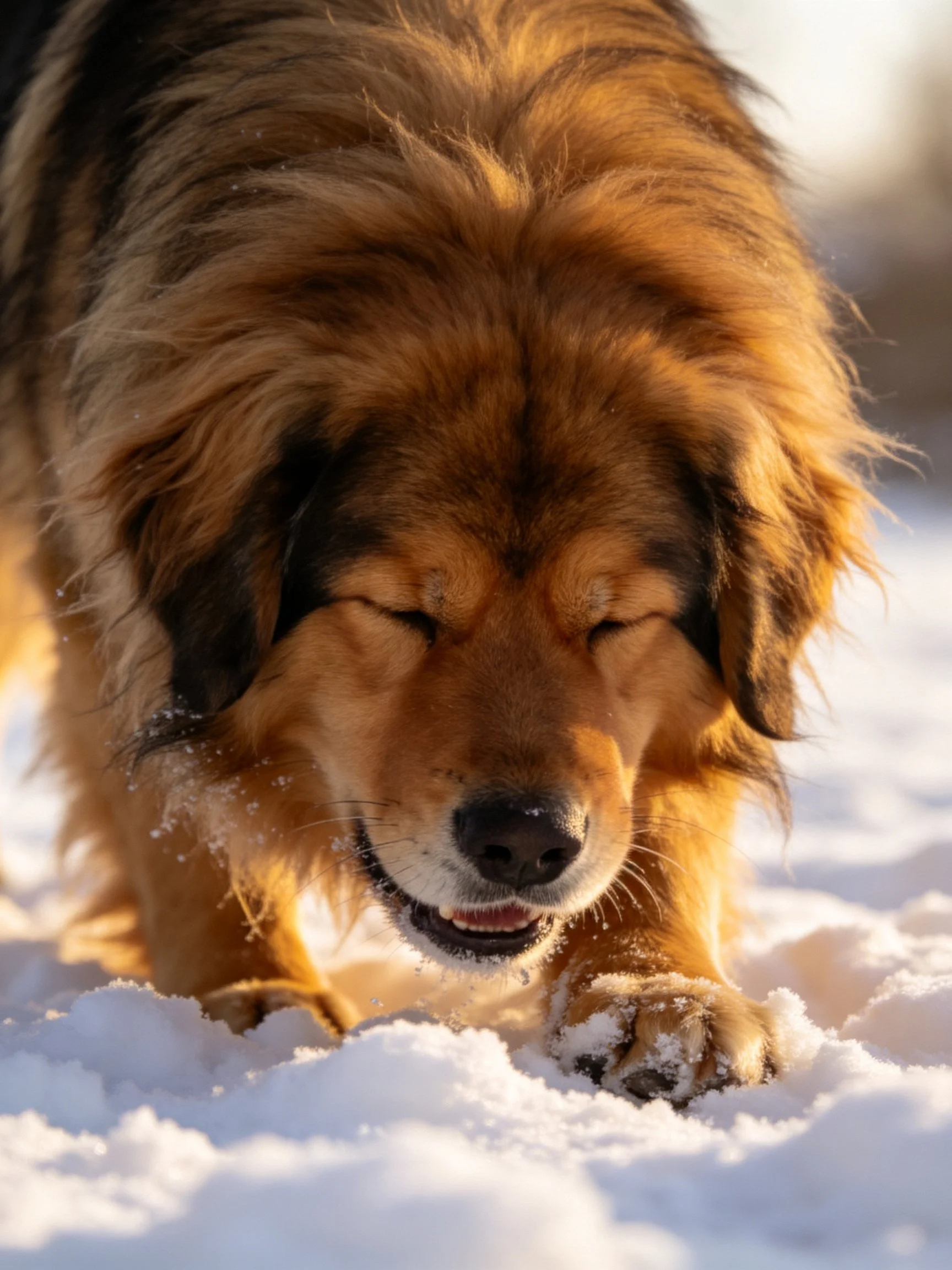 A fluffy brown dog enjoys walking through snowy terrain in golden sunlight.