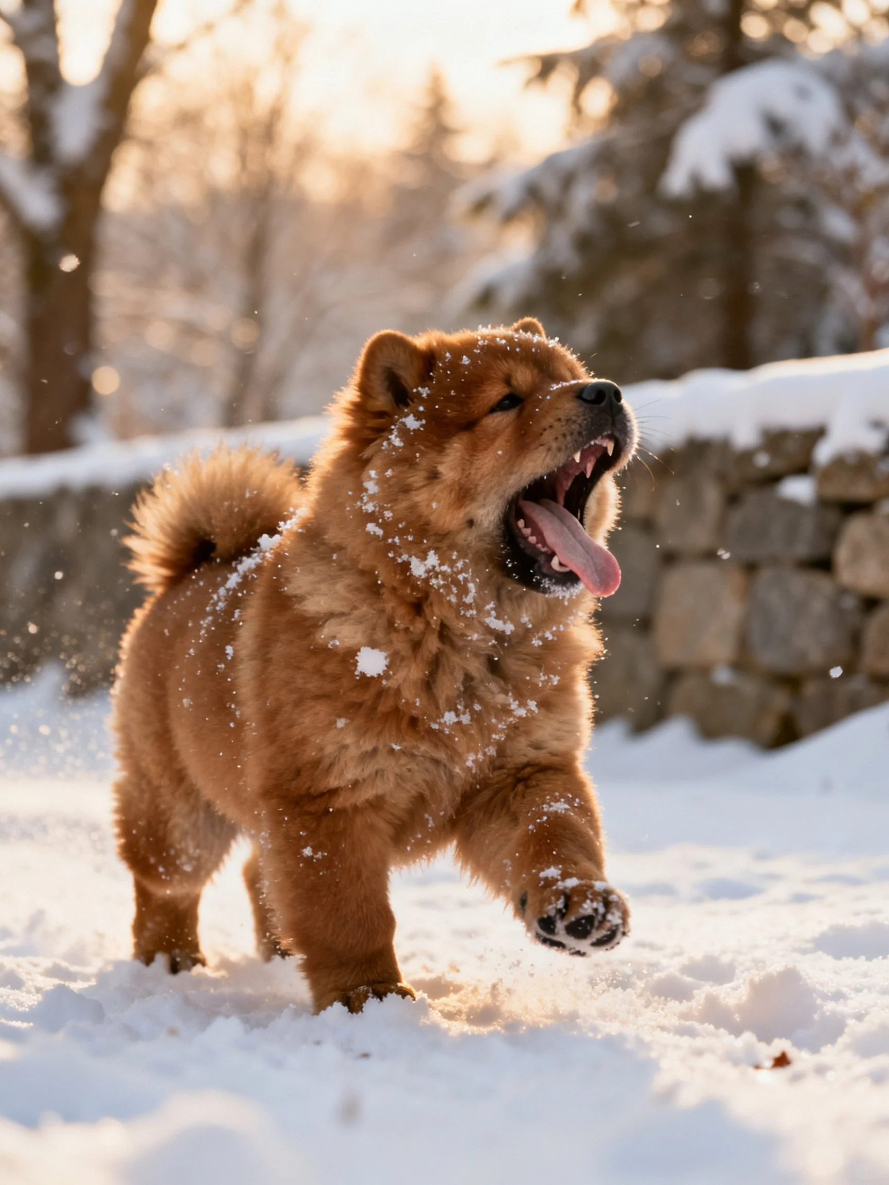 A fluffy brown dog joyfully running through snowy landscape