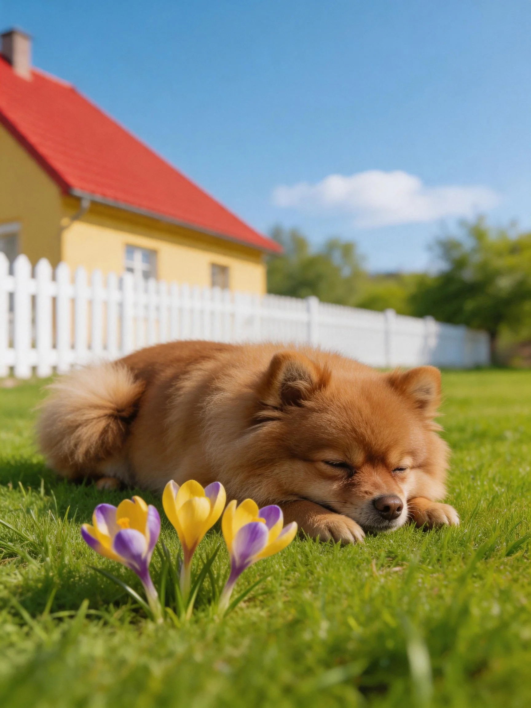 A fluffy brown dog relaxes on grass beside crocus flowers near a yellow house.