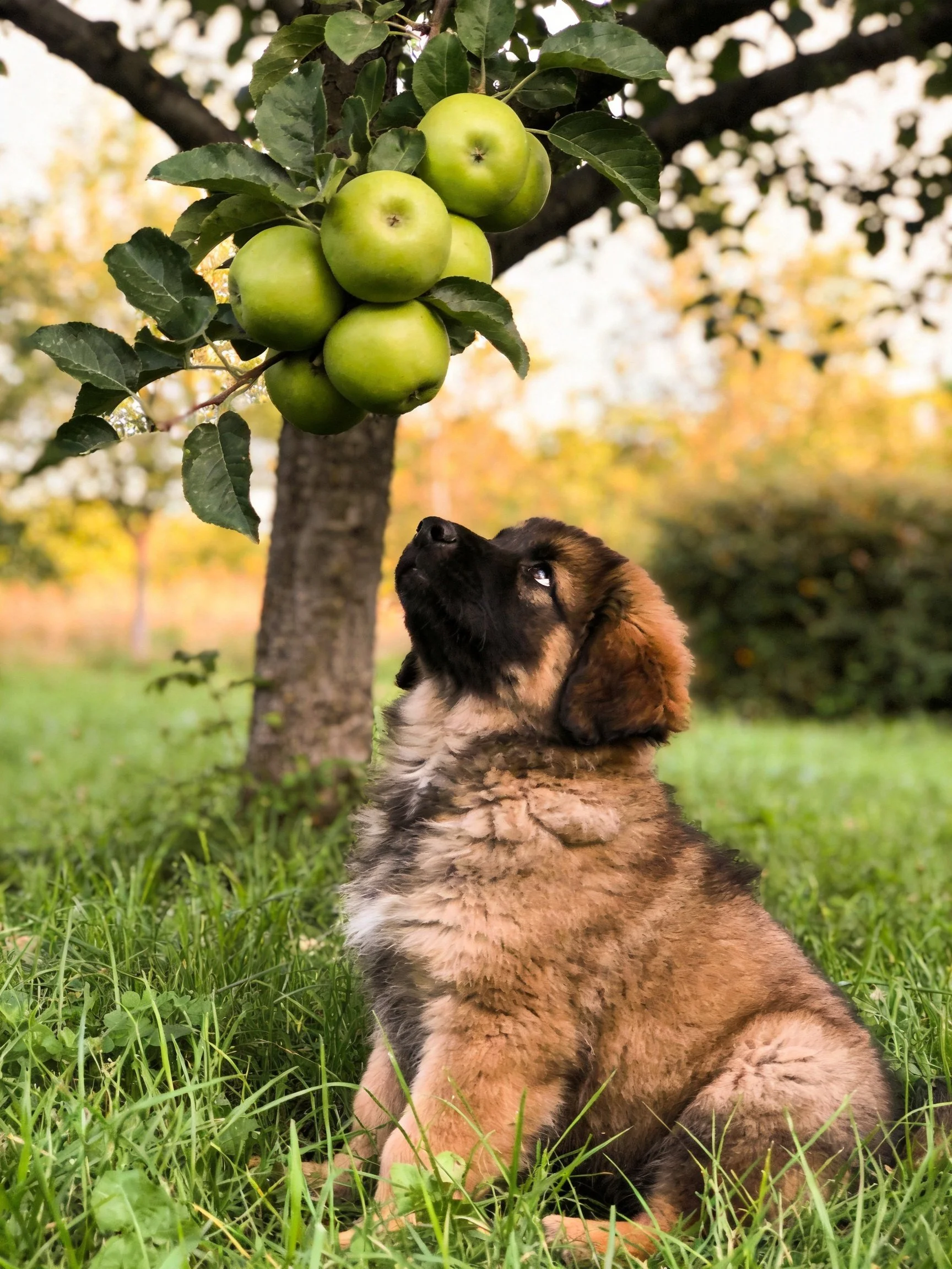 A fluffy puppy looks upward toward green apples hanging from a tree.