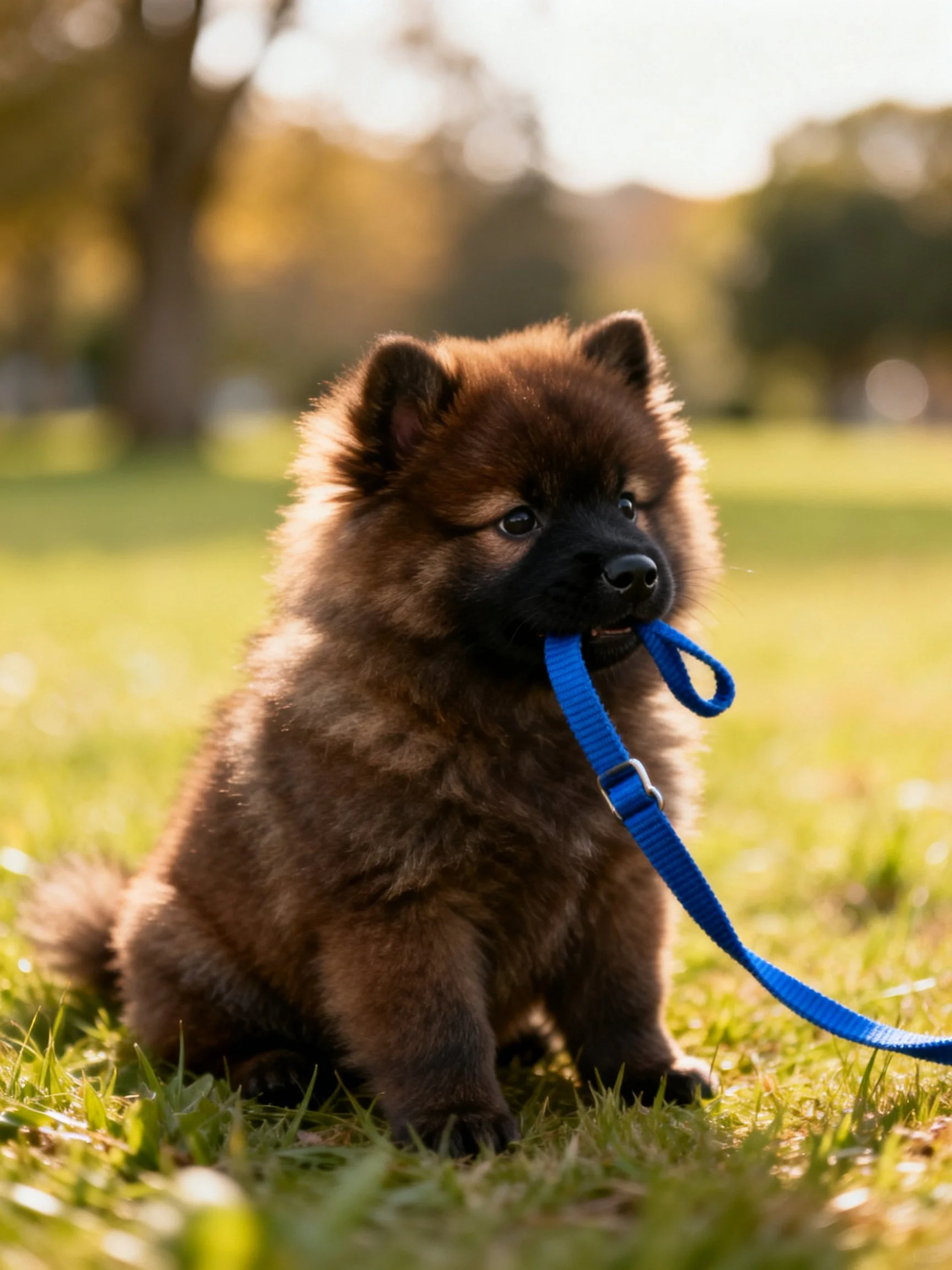 A fluffy brown puppy grips a blue leash while seated on grass in a sunlit outdoor space.