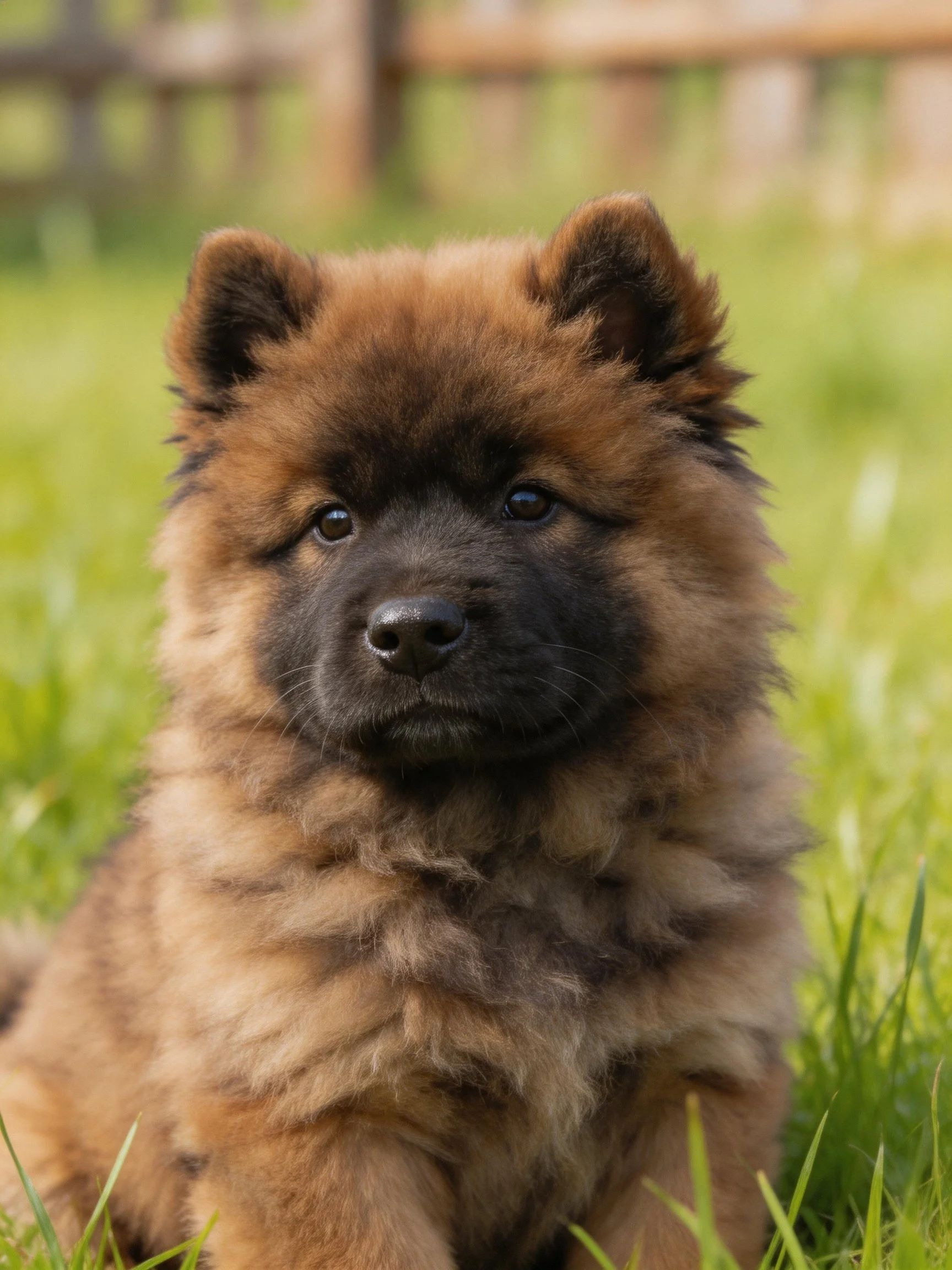 A fluffy brown puppy with dark facial markings rests in green grass.