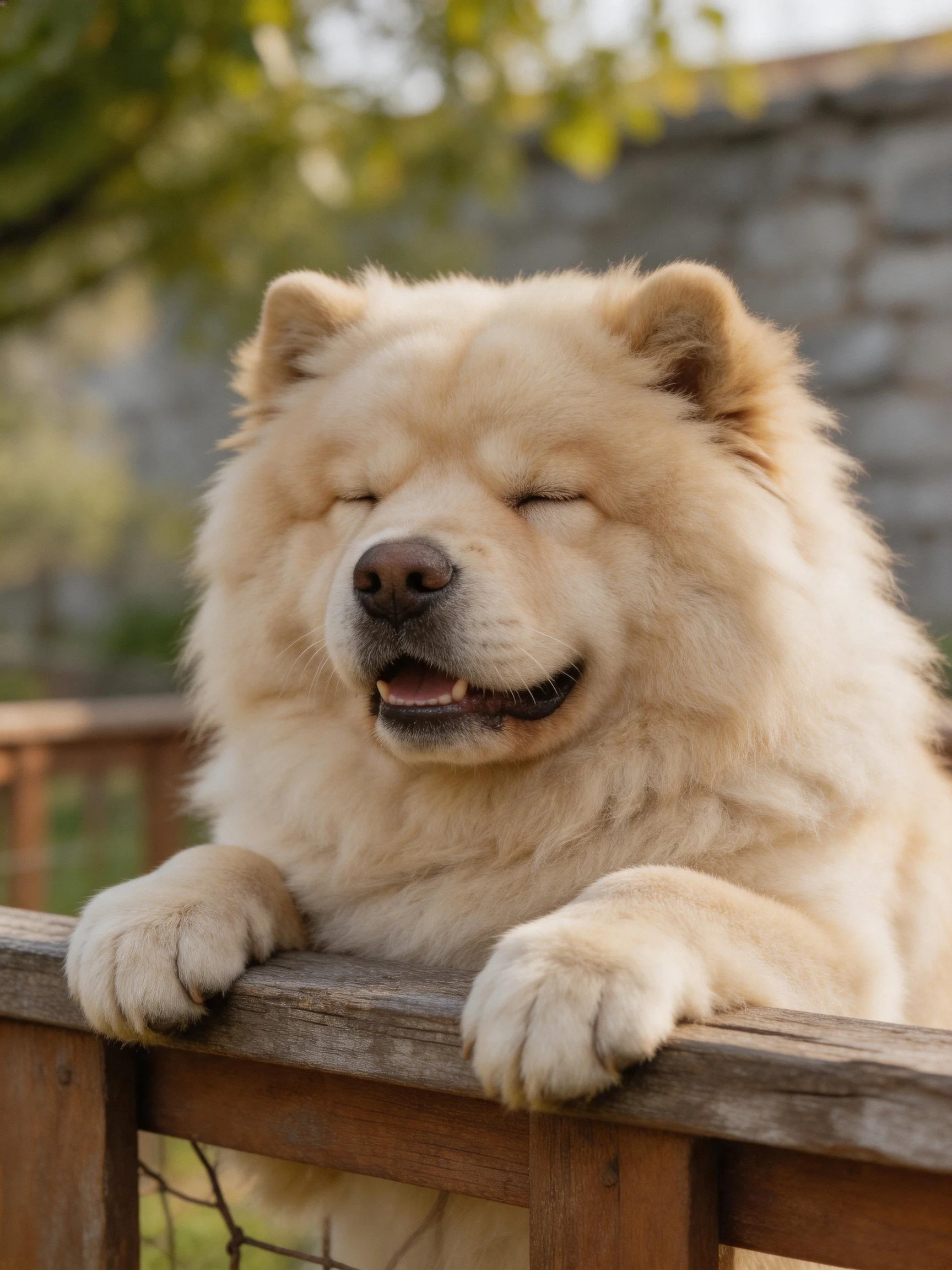 A fluffy cream - colored Chow leans over a wooden fence with closed eyes