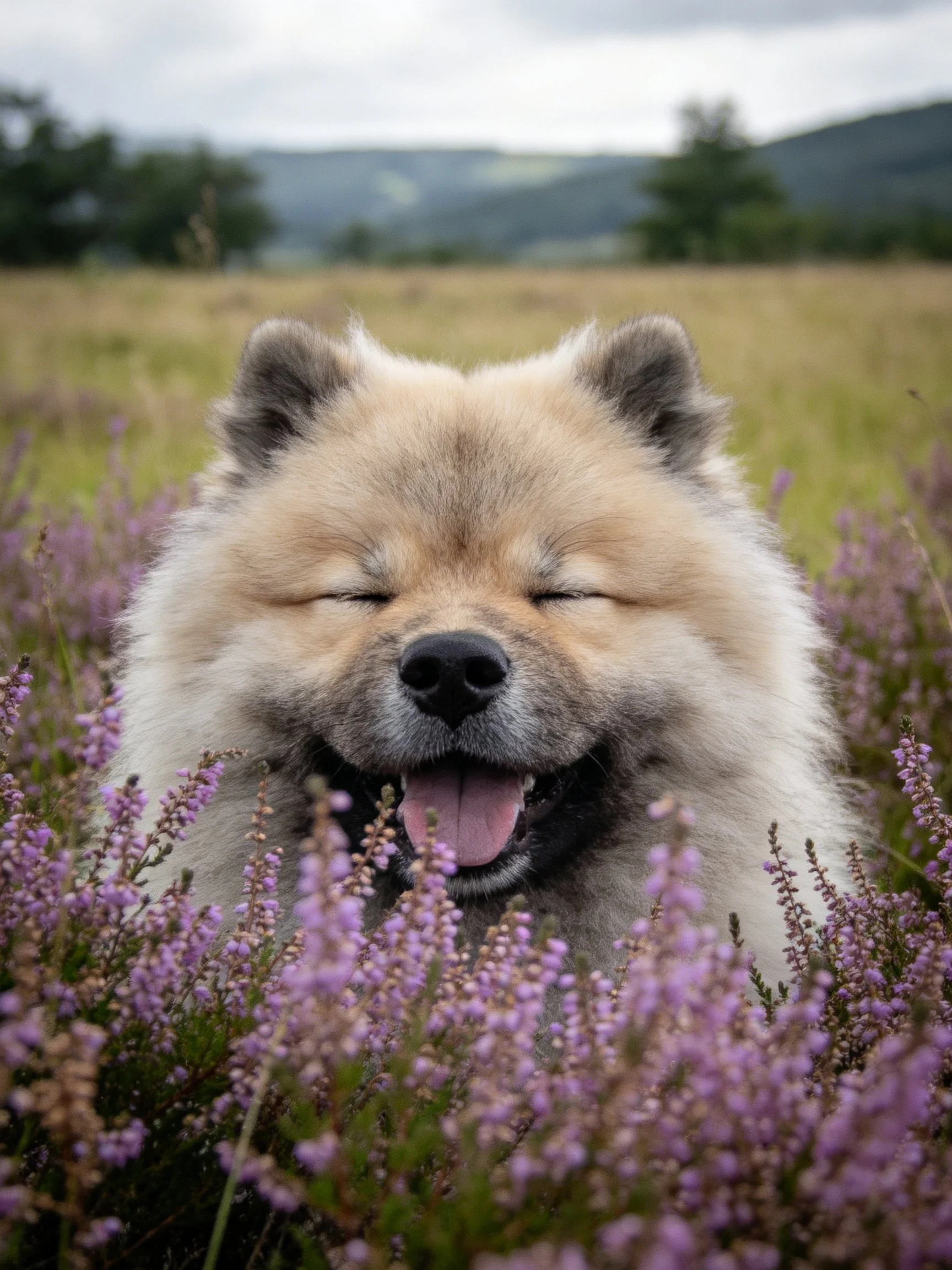 A fluffy cream - colored dog relaxes among purple heather in a field