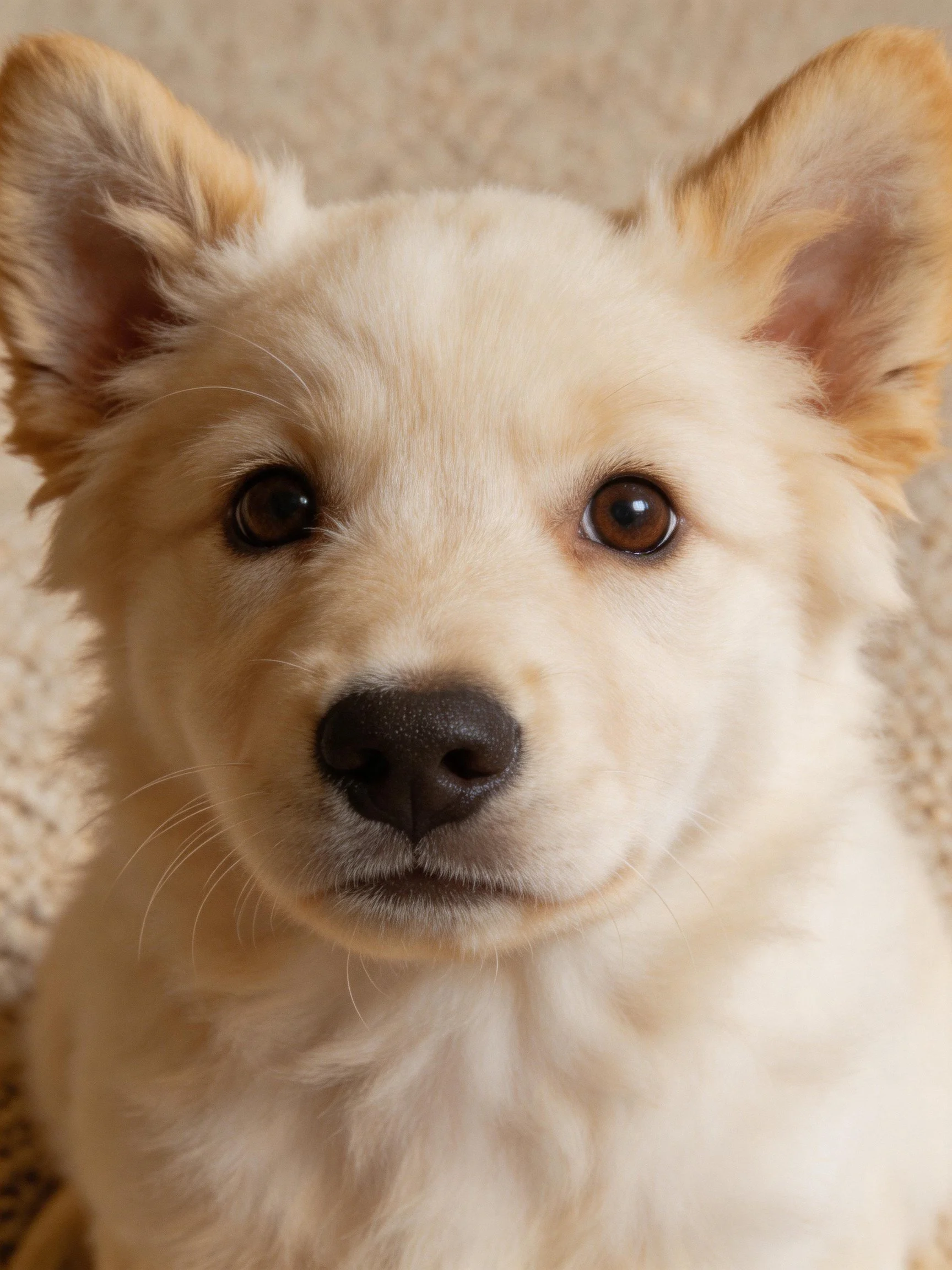 Close - up of a fluffy cream - colored puppy with tan ears staring directly