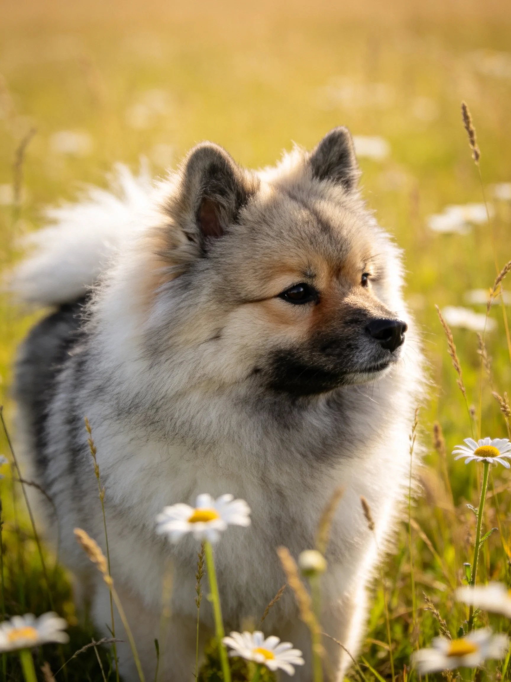 A fluffy dog gazes toward the distance among daisies in a sunlit meadow.