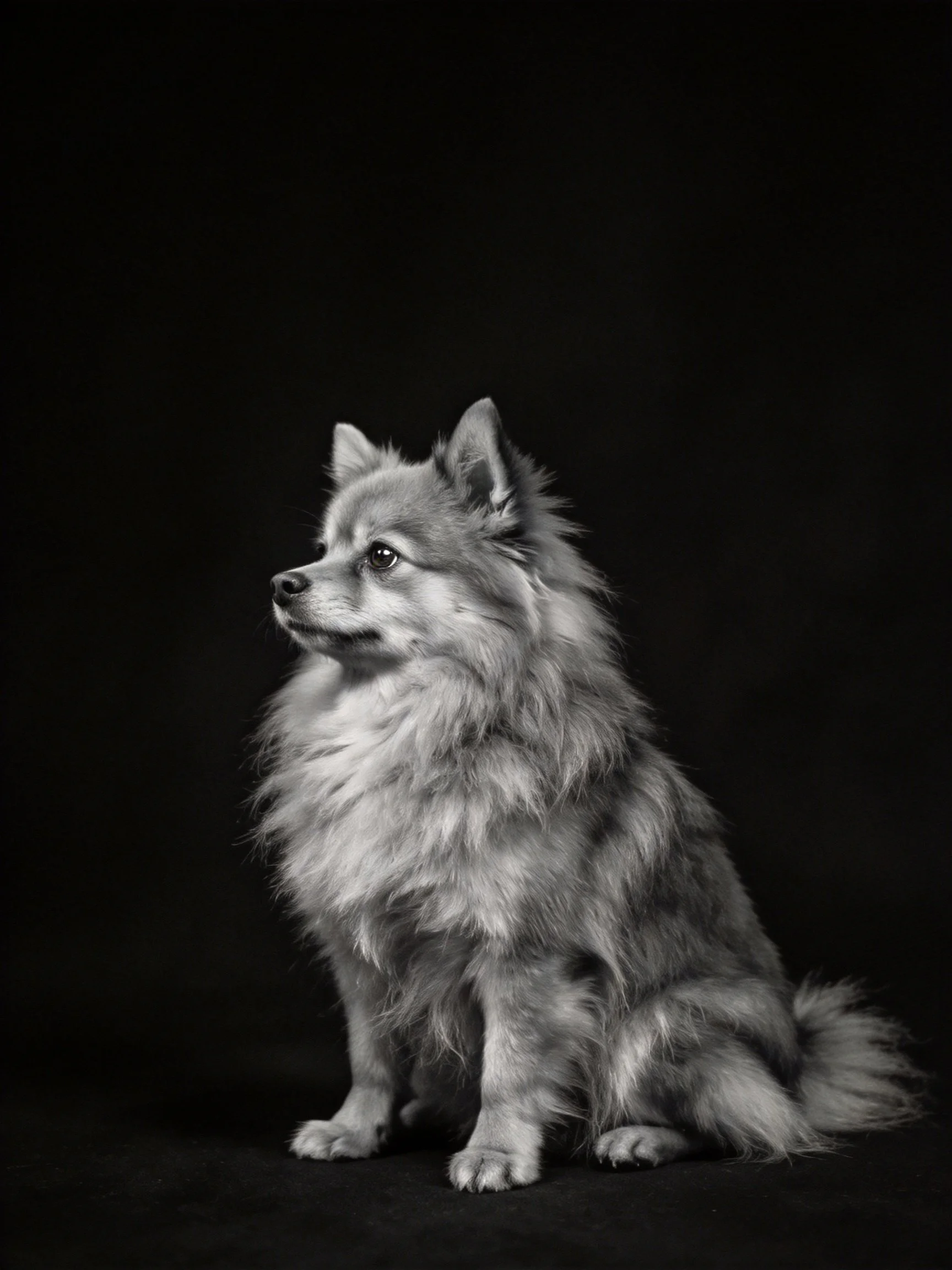A fluffy dog sits in profile against a solid black background